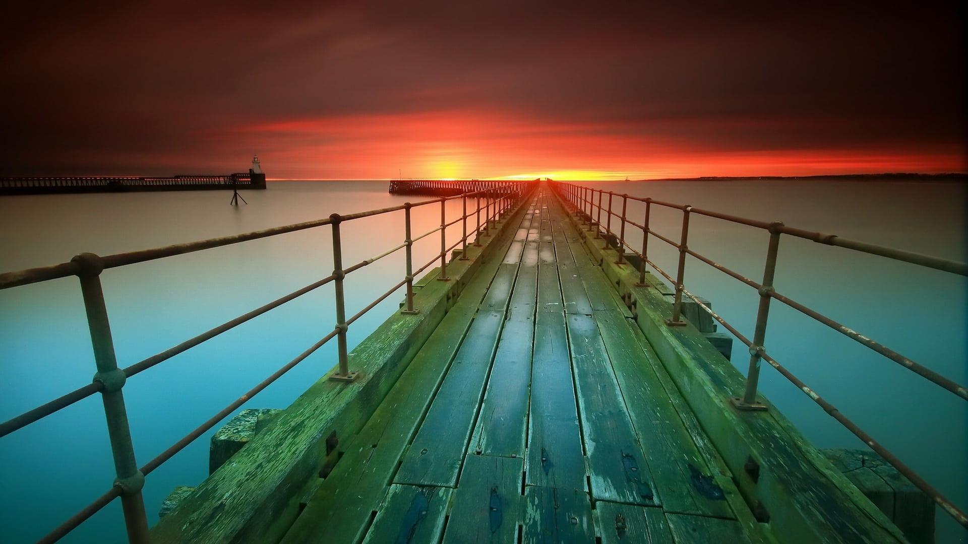 frame, sea, outdoors, no people, beauty in nature, bridge, sunset, 1080P, railing, pier, nature, scenics - nature, tranquility, architecture, green, metal, HD Wallpaper