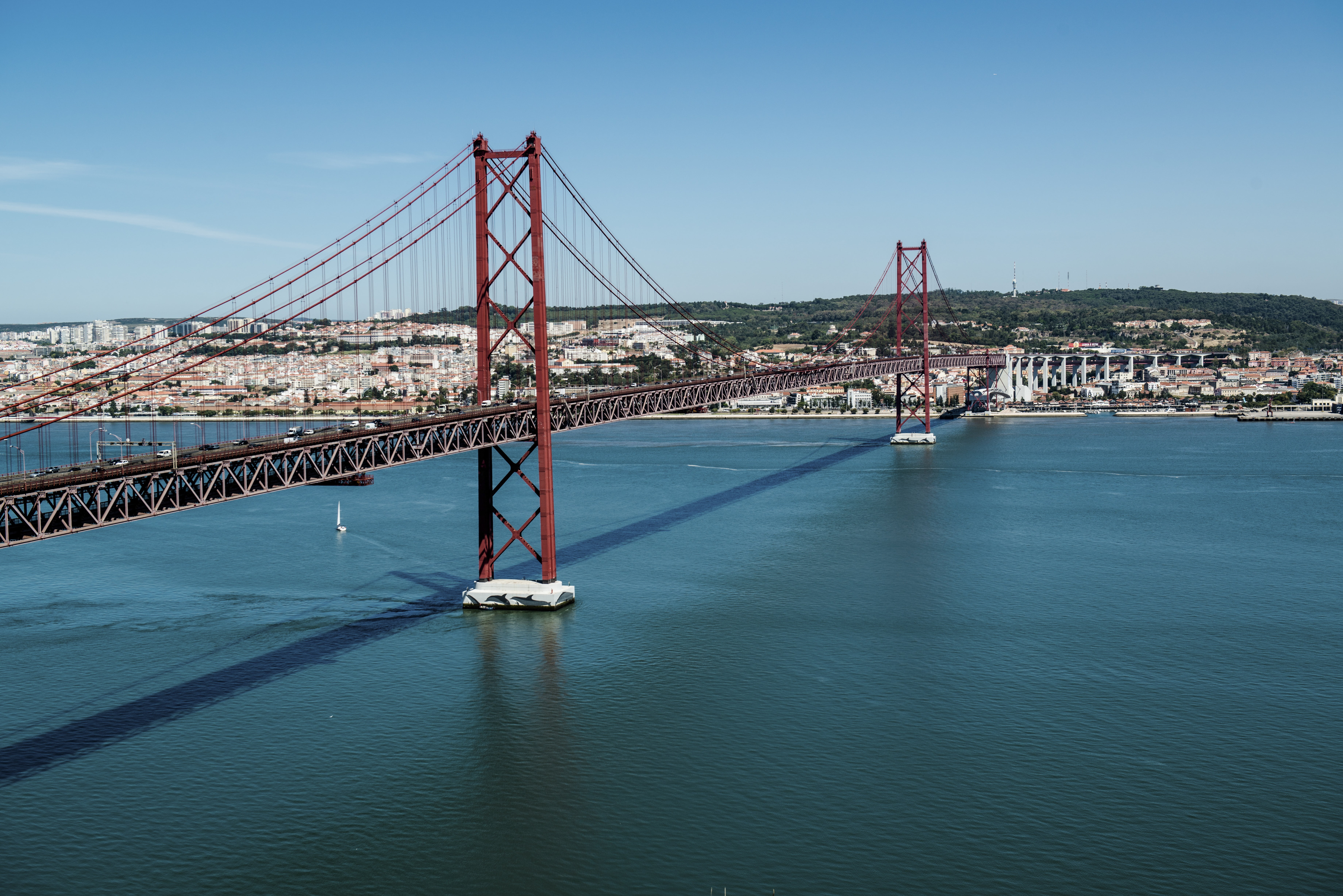 building exterior, bay, suspension Bridge, cityscape, water, lisboa, panorama, vision, sea, engineering, tourism, abril, 5K, bridge - Man Made Structure, HD Wallpaper