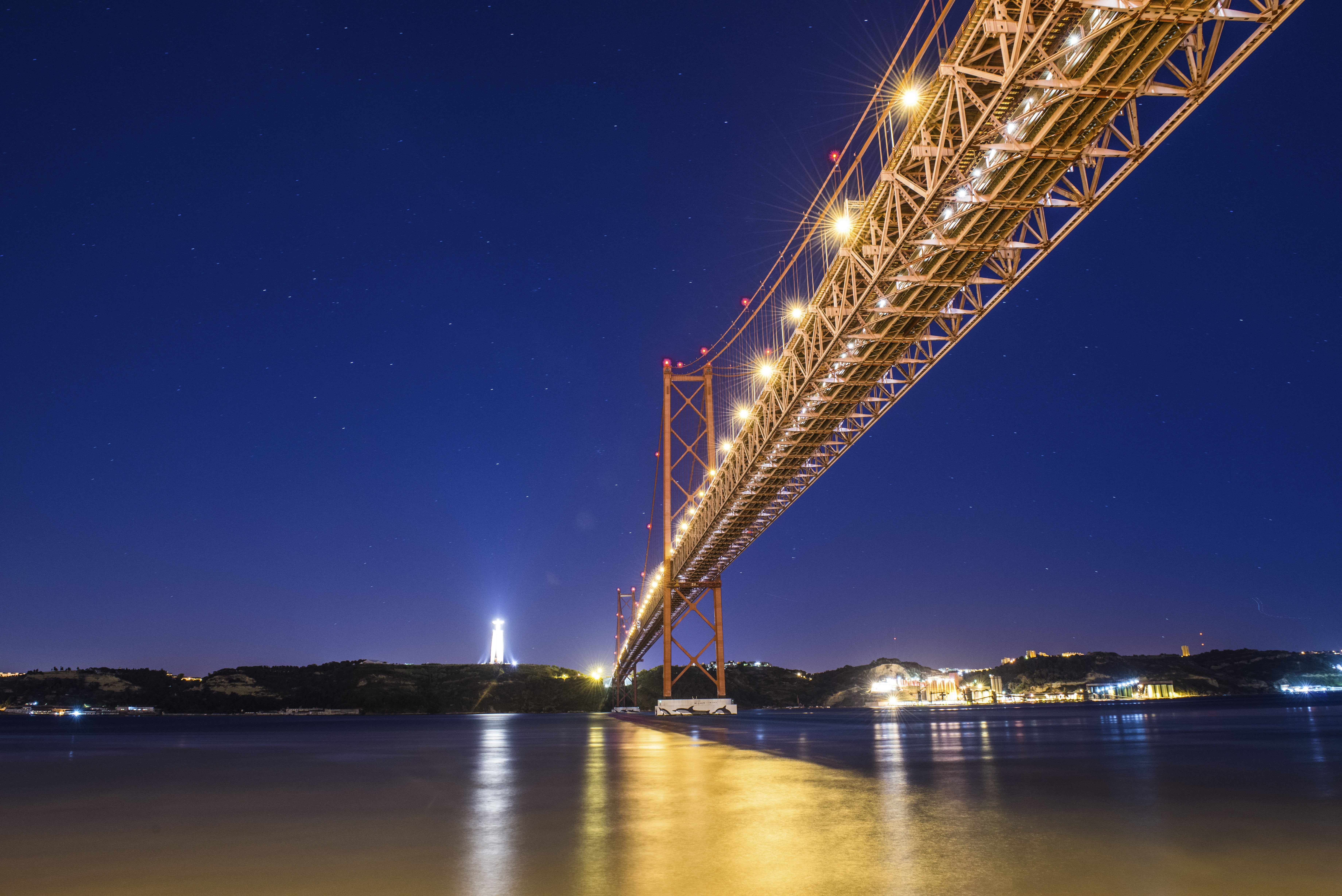 places of interest, sky, night, connection, statue, portugal, monument, view, city, lisbon, water, star, bridge, tejo, suspension bridge, star - space, HD Wallpaper