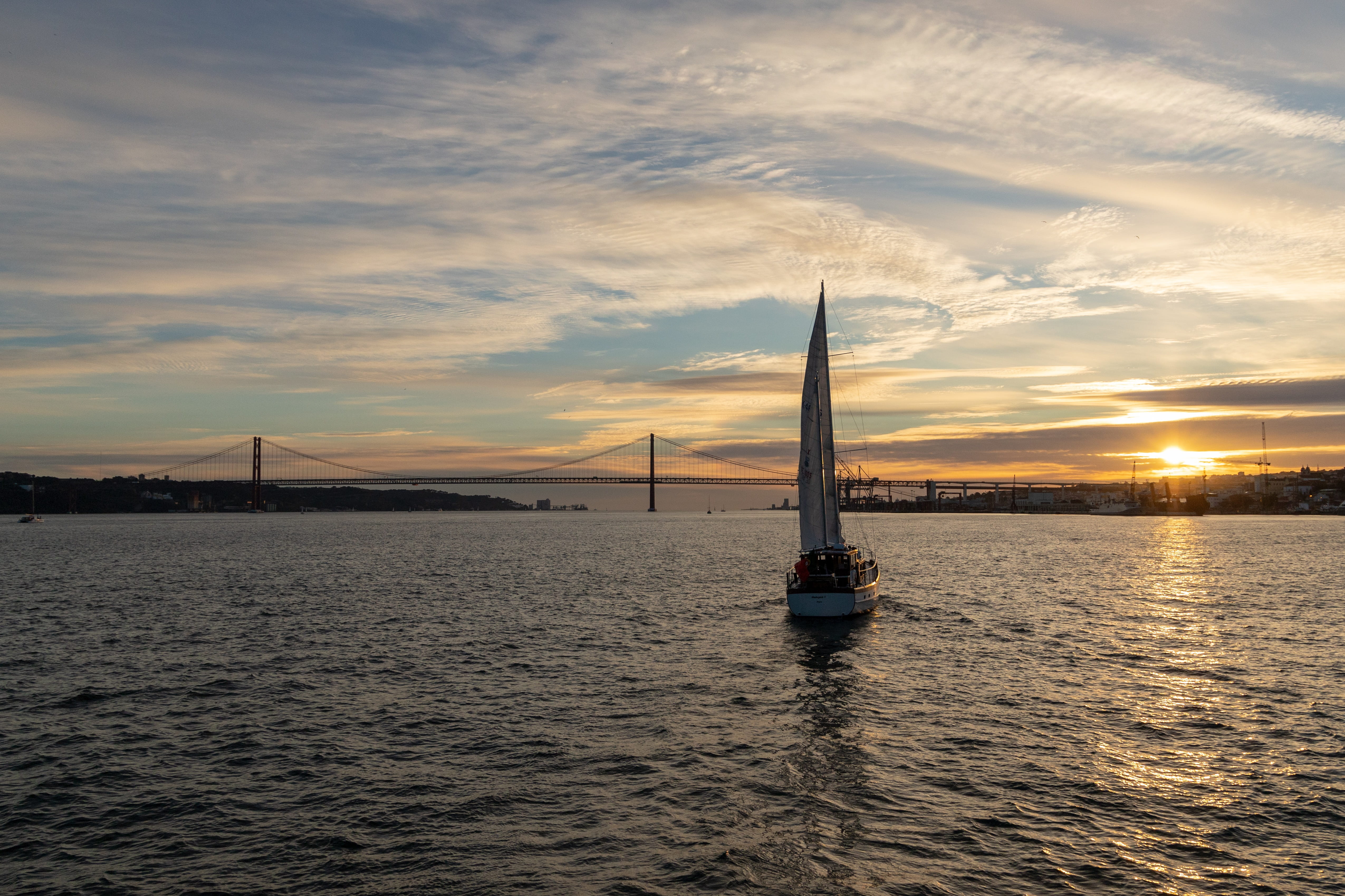transportation, water, mode of transportation, beauty in nature, no people, sailboat, architecture, built structure, sea, tejo, nautical vessel, sunset, HD Wallpaper
