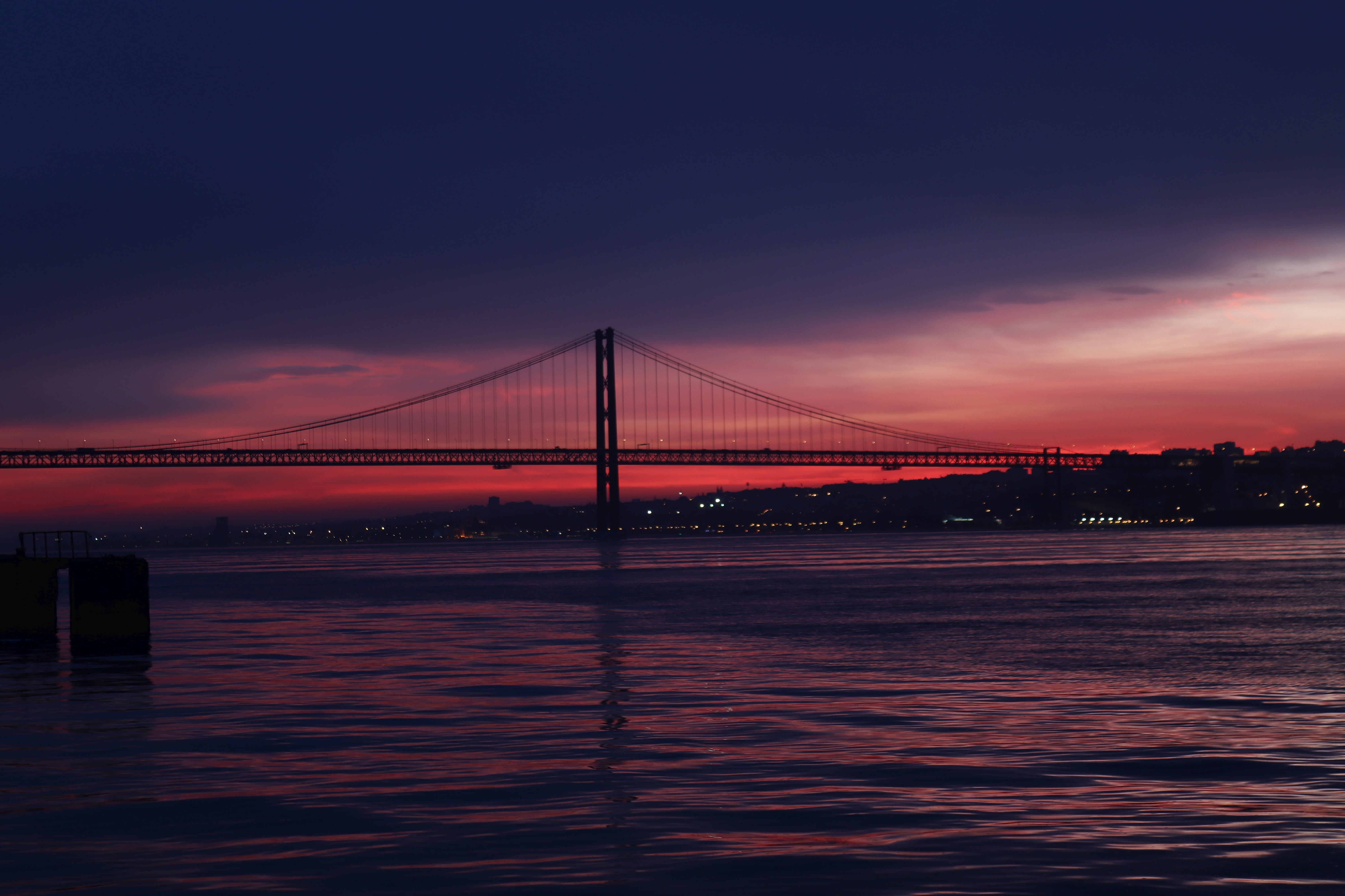 abendstimmung, lights, clouds, mirroring, silhouette, tejo, city, outdoors, 5K, river, water, sky, cloud - sky, tourism, travel, evening, connection, cityscape, HD Wallpaper