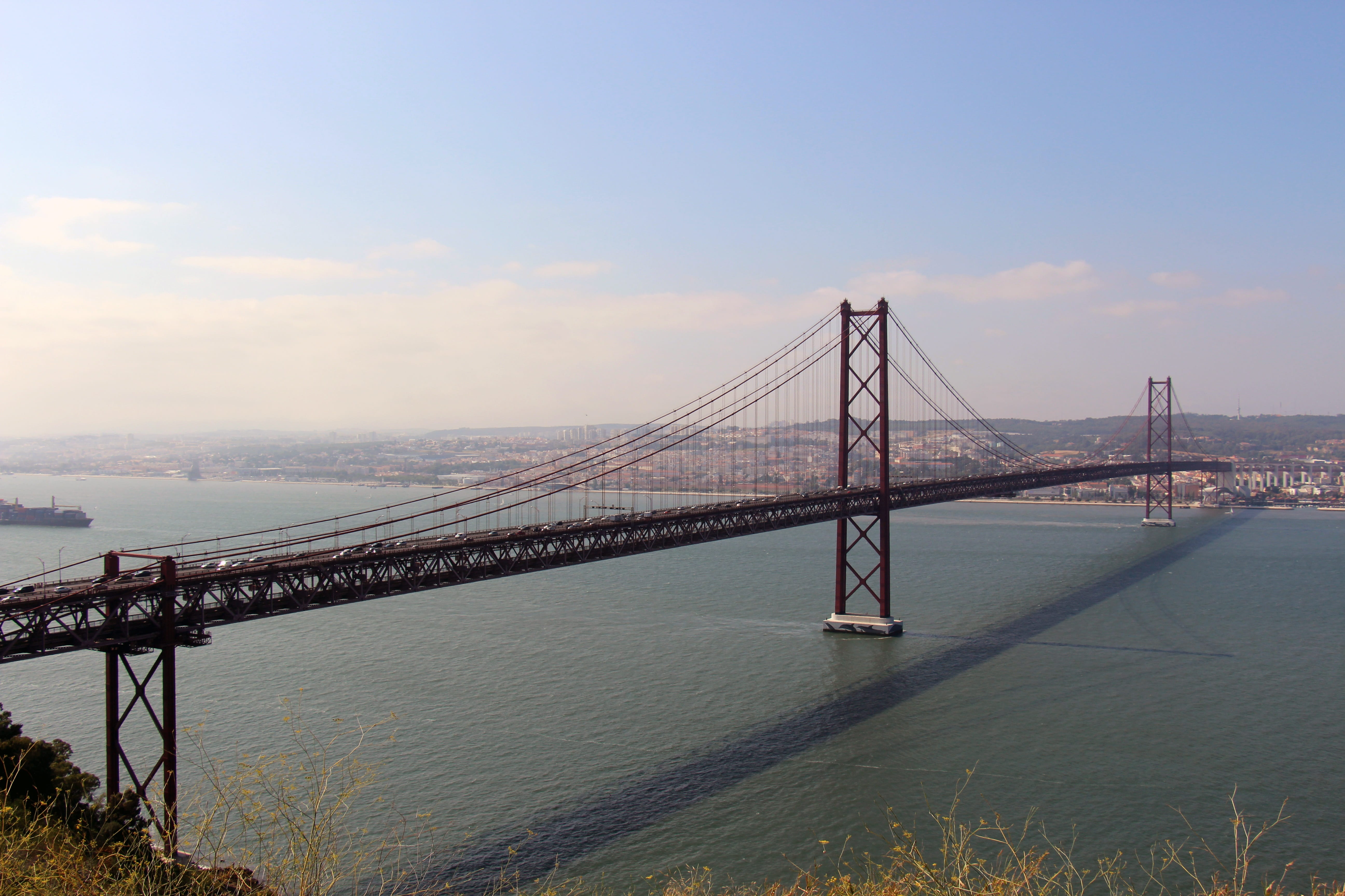 cloud - sky, famous Place, light, architecture, bay, 5K, Portugal, iron, built structure, engineering, day, suspension Bridge, monument, connection, sea, HD Wallpaper