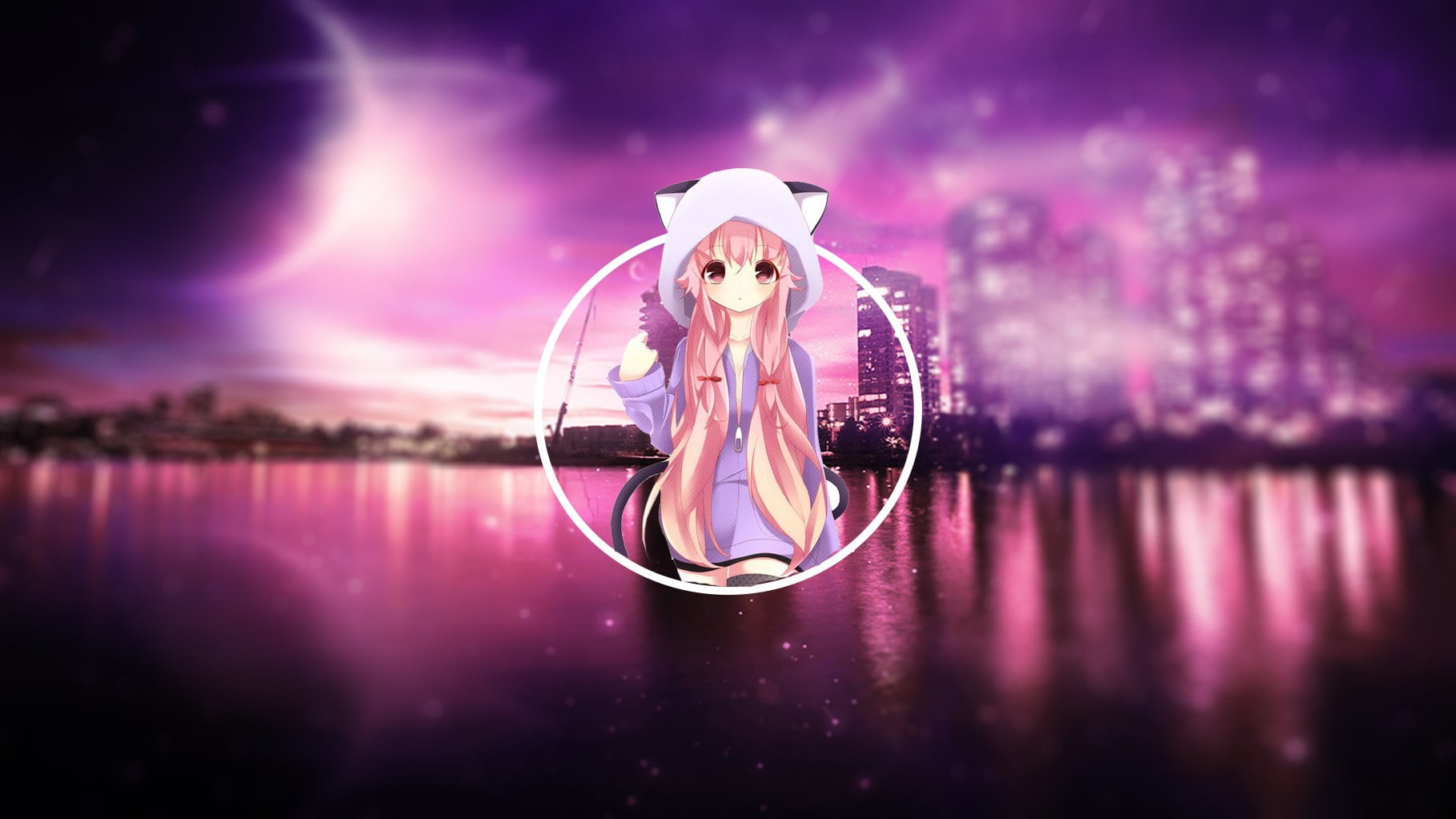 city, illuminated, costume, lake, mammal, pink color, contemplation, cloud - sky, reflection, nature, purple, water, cat girl, people, 720P, beauty in nature, HD Wallpaper