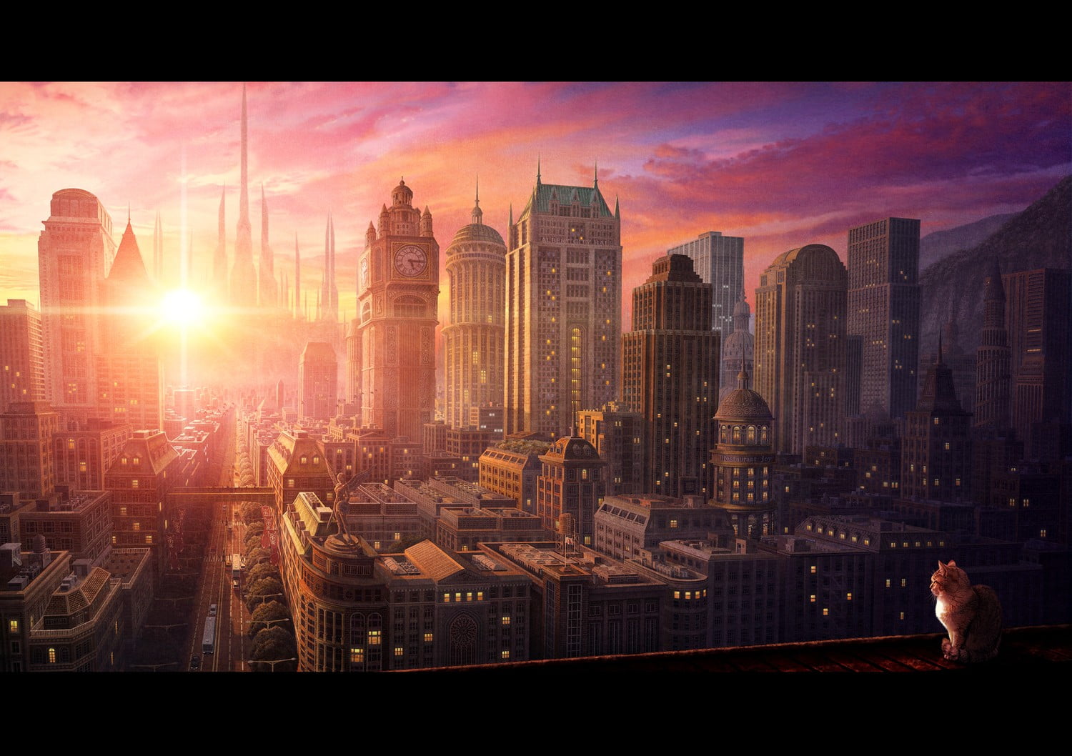 city, cloud - sky, sunset, financial district, sunlight, outdoors, landscape, cityscape, 720P, detailed, skyscraper, building exterior, built structure, HD Wallpaper