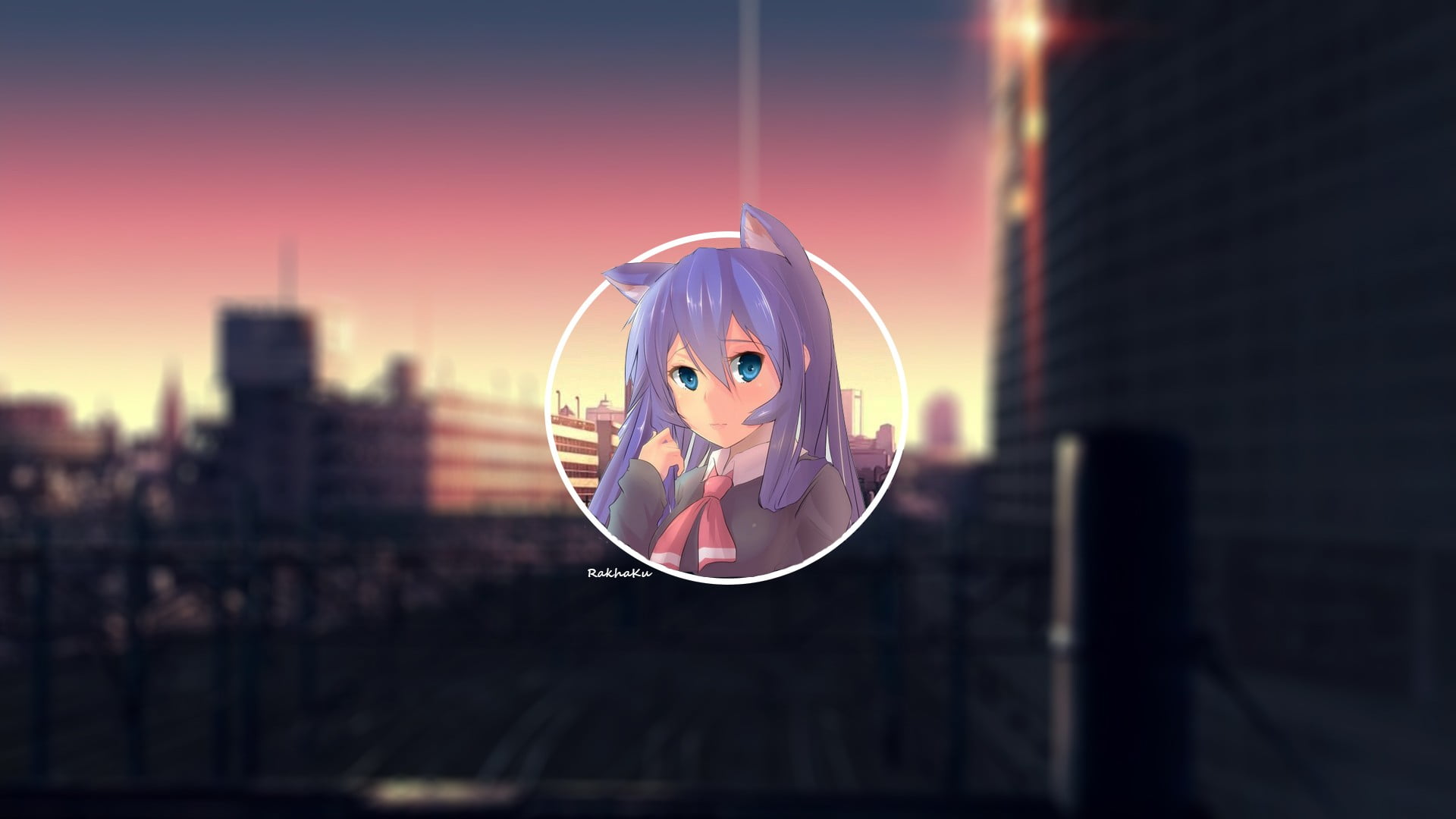 anime, cat ears, anime girls, built structure, hanging, 1080P, Acchi Kocchi, city, focus on foreground, no people, cat girl, sky, security, illuminated, HD Wallpaper