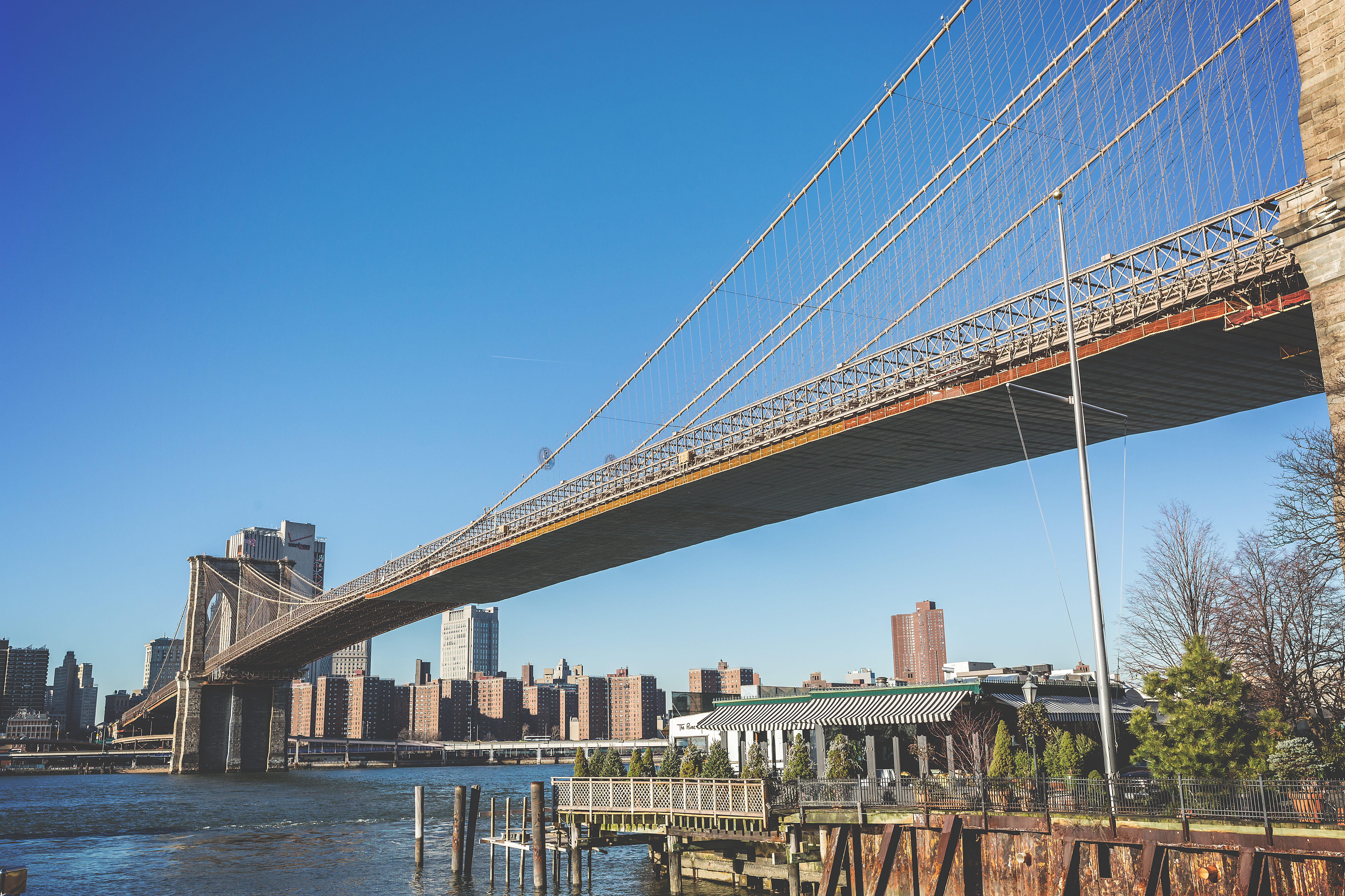 lower Manhattan, suspension Bridge, city, water, urban Skyline, clear sky, built Structure, engineering, river, bottom, blue, new York State, brooklyn - New York, HD Wallpaper