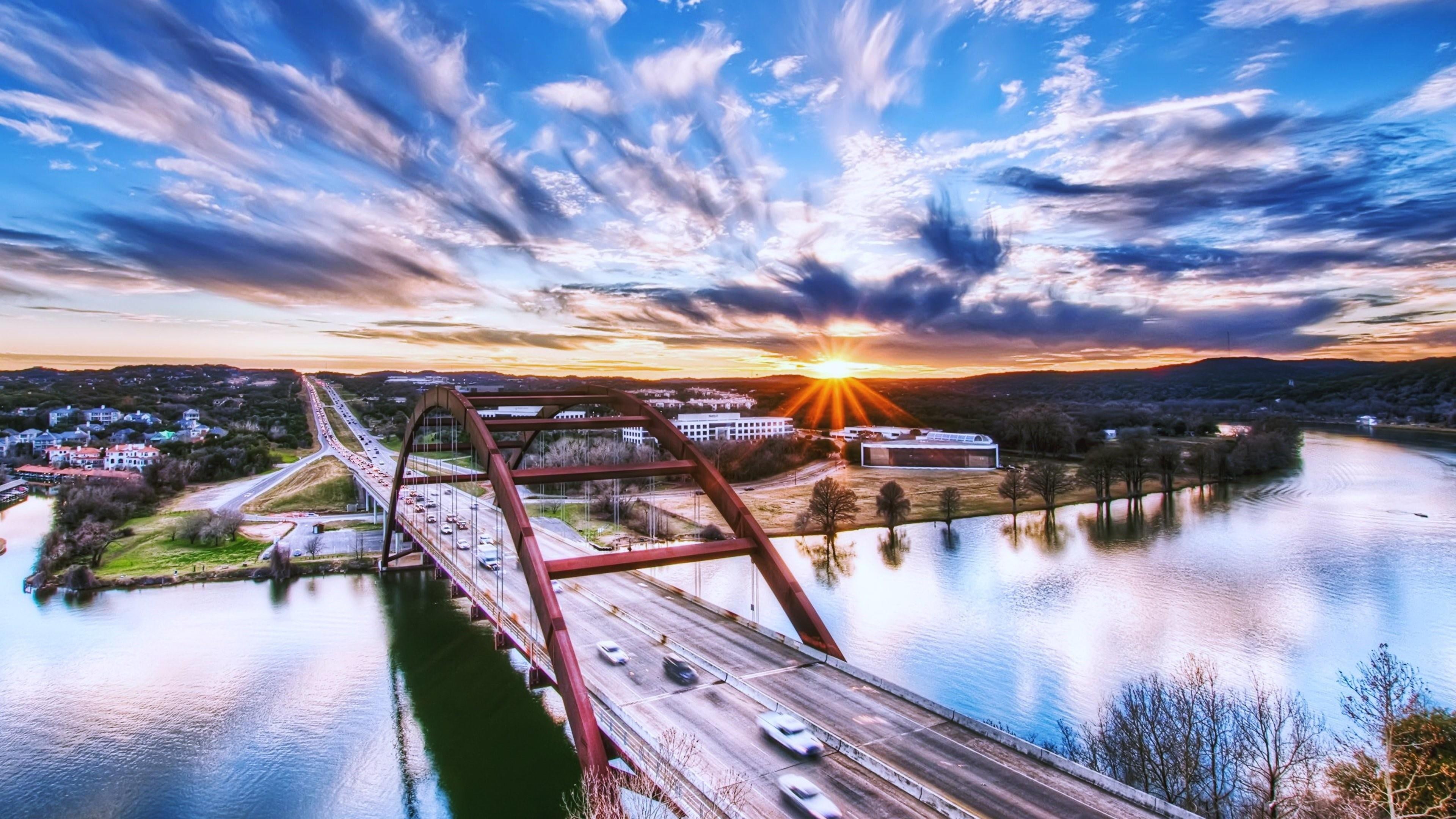 sunlight, austin, united states, water, pennybacker bridge, cityscape, 360 bridge, sky, reflection, texas, bridge, cloud, lake austin, 4K, waterway, nature, HD Wallpaper