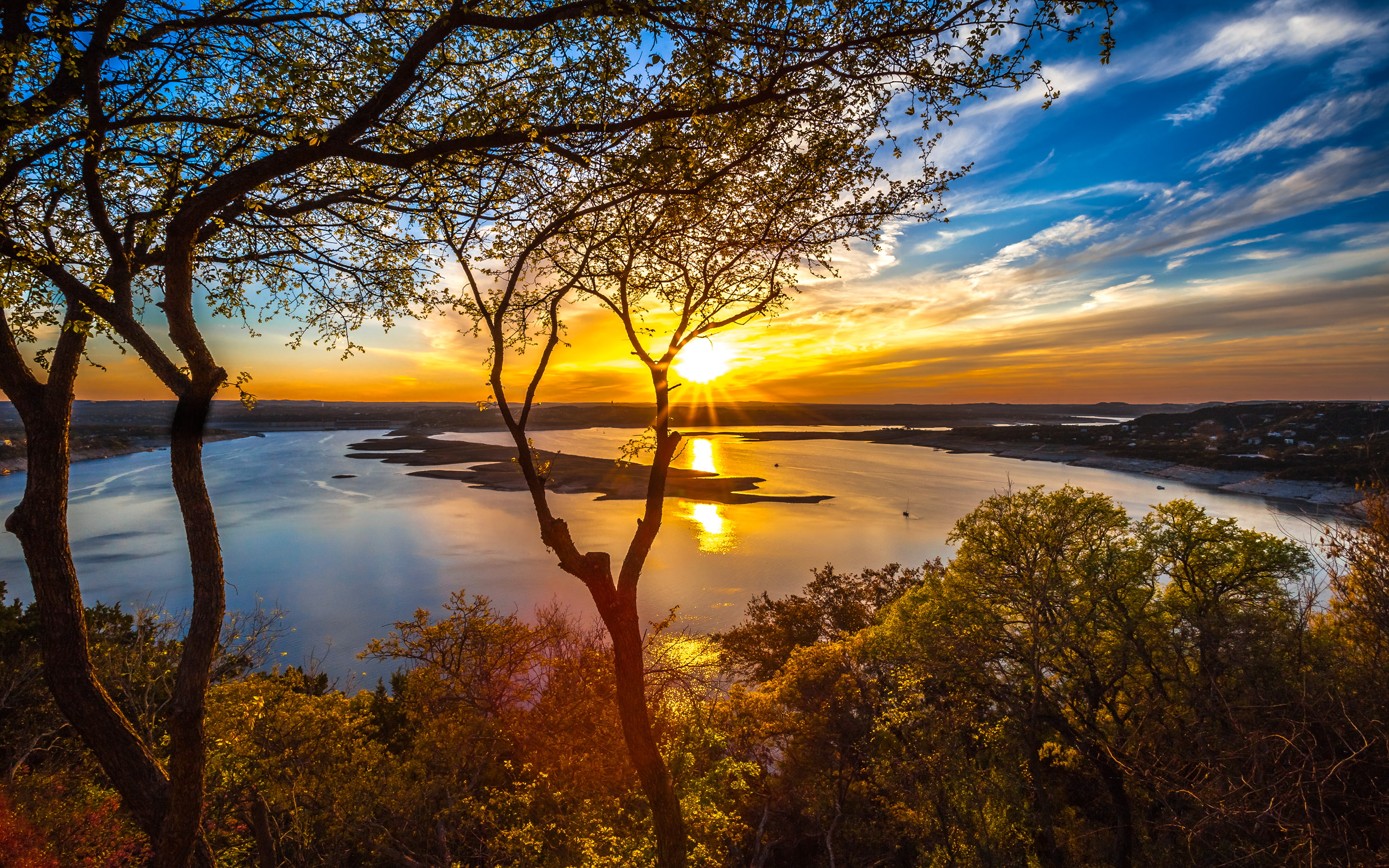 2K, Austin, lake, the sun, sunset, trees, the sky, USA, Lake Travis, Texas, clouds, HD Wallpaper