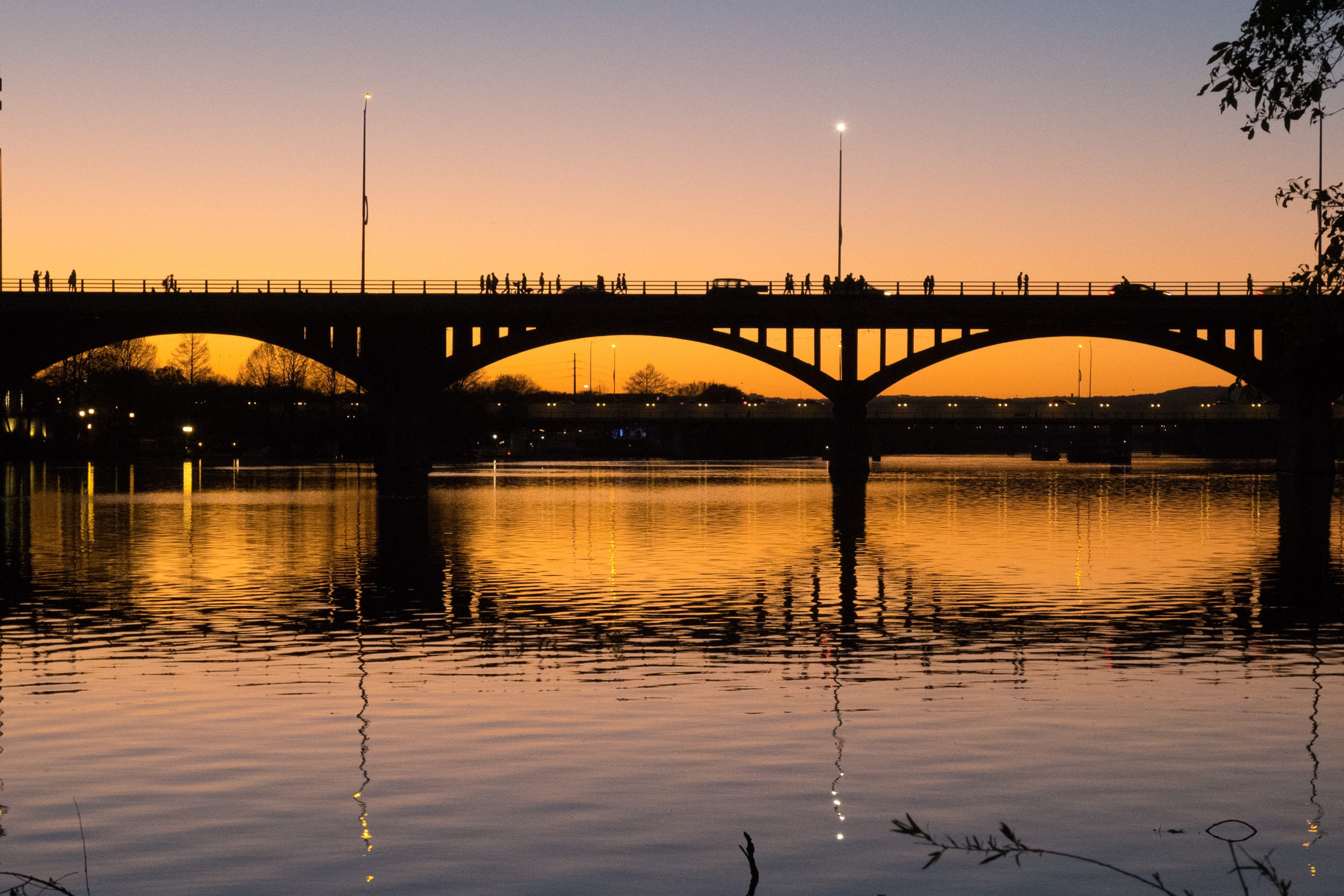 transportation, cityscape, sky, arch, arch bridge, bridge, bats, connection, outdoors, river, architecture, built structure, sunset, engineering, lake, HD Wallpaper