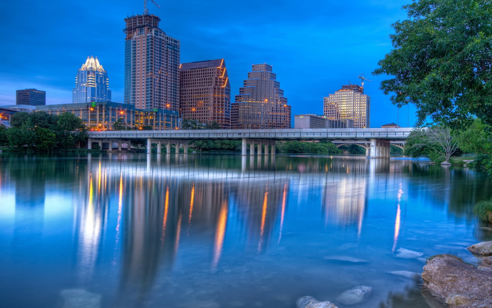 skyscraper, urban Scene, bridge, lake, downtown District, illuminated, water, sky, tall - high, brown, building, no people, waterfront, hdr, building Exterior, HD Wallpaper