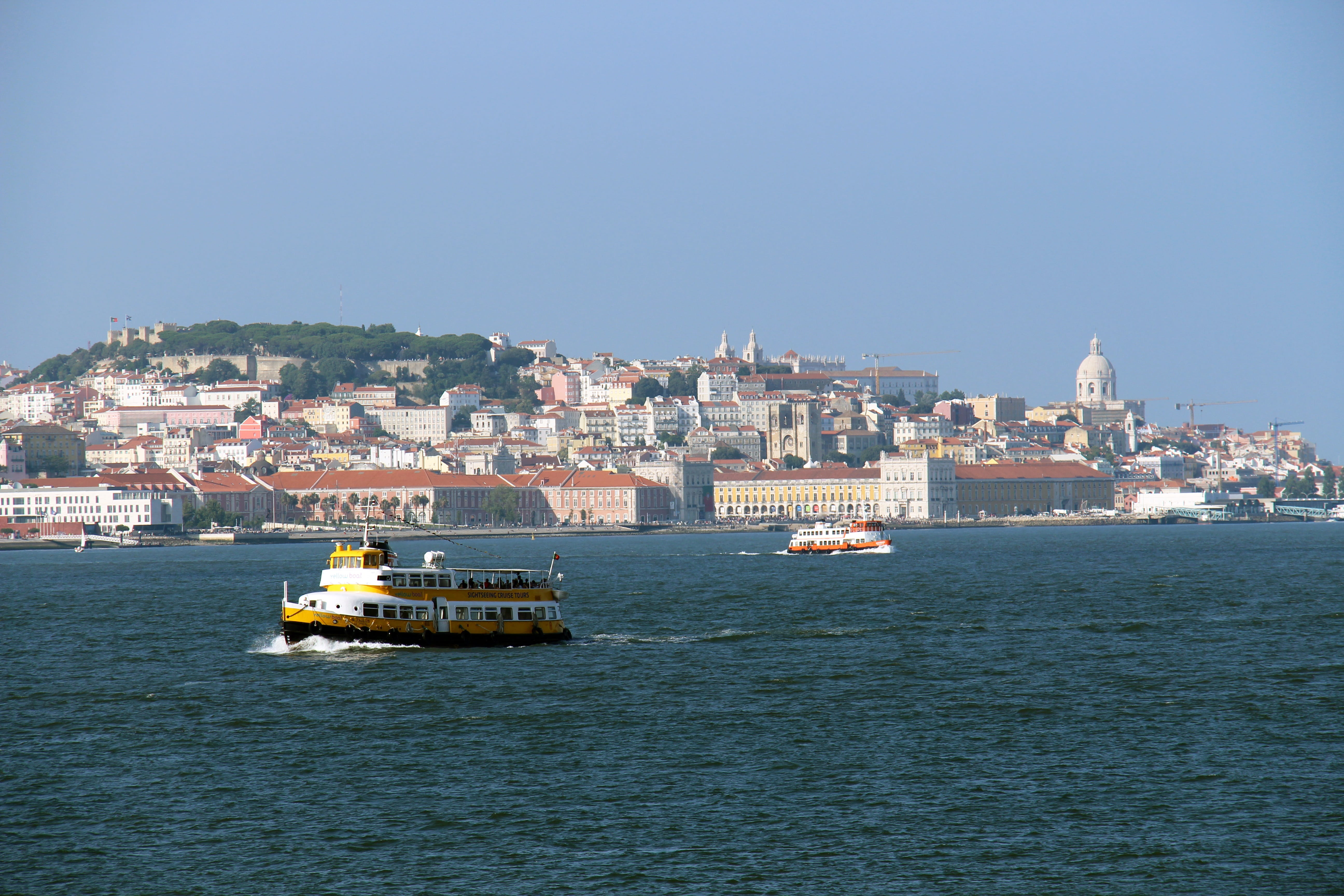 clear sky, City, portugal, famous Place, urban Scene, harbor, tourism, Tejo, mode of transportation, nautical Vessel, passenger craft, travel destinations, HD Wallpaper
