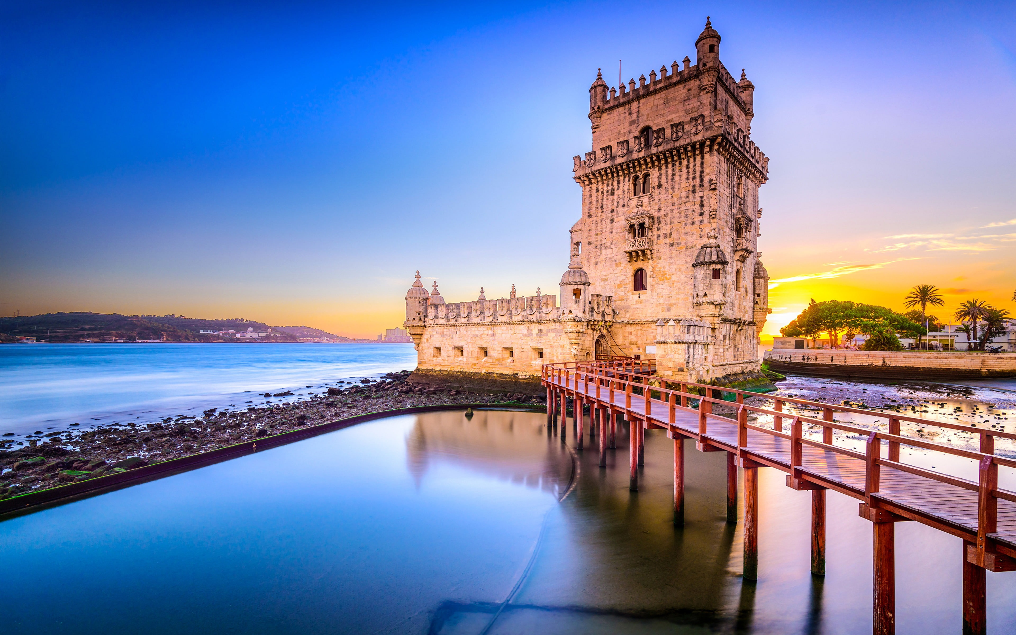 landscape, tower, sky, the past, sunset, reflection, building exterior, water, 4K, architecture, dusk, travel, built structure, building, lisbon, fortress, HD Wallpaper