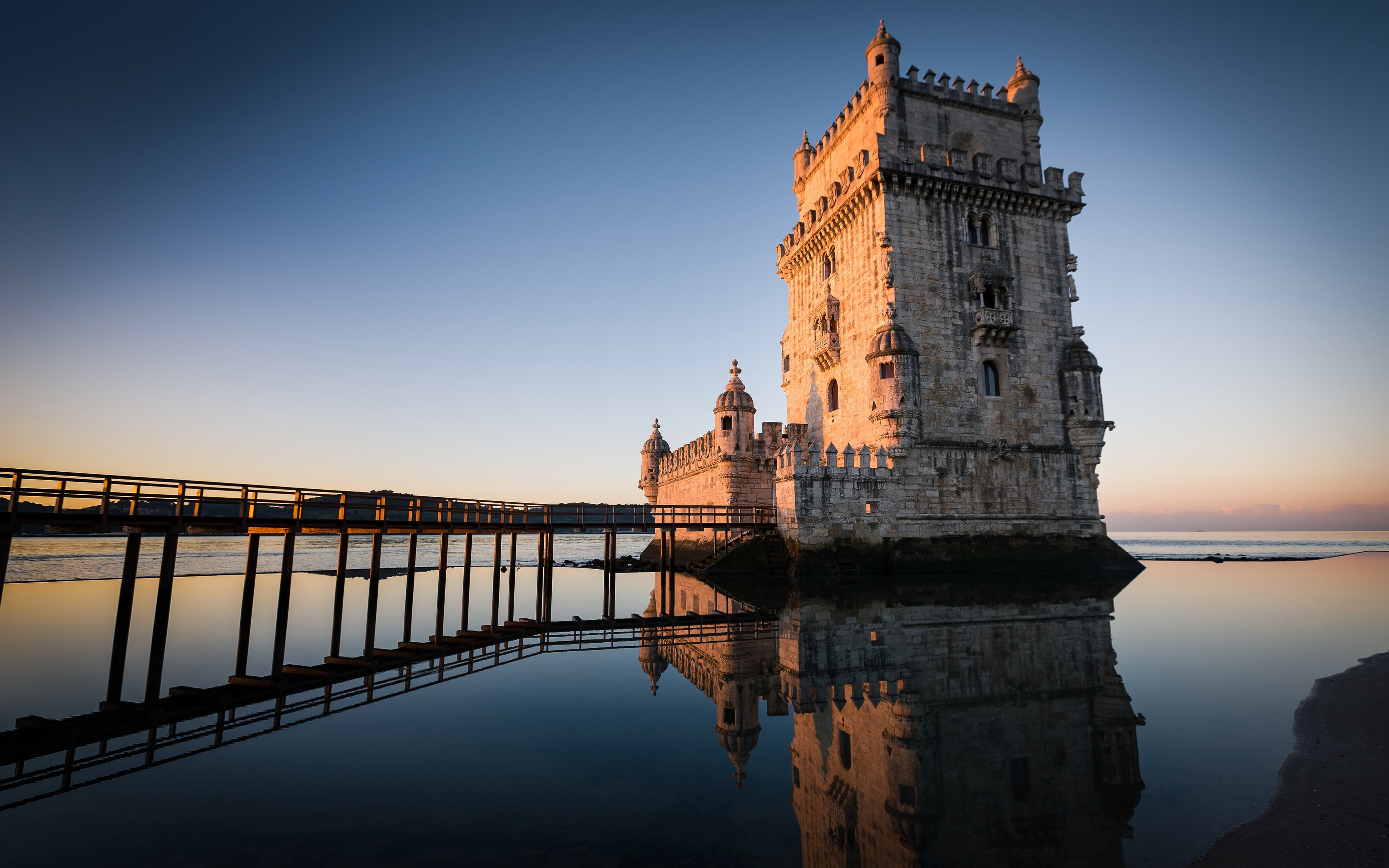 sky, building, belem, nature, outdoors, travel, river, the past, portugal, clear sky, waterfront, lisbon, sunset, 4K, water, architecture, no people, built structure, HD Wallpaper