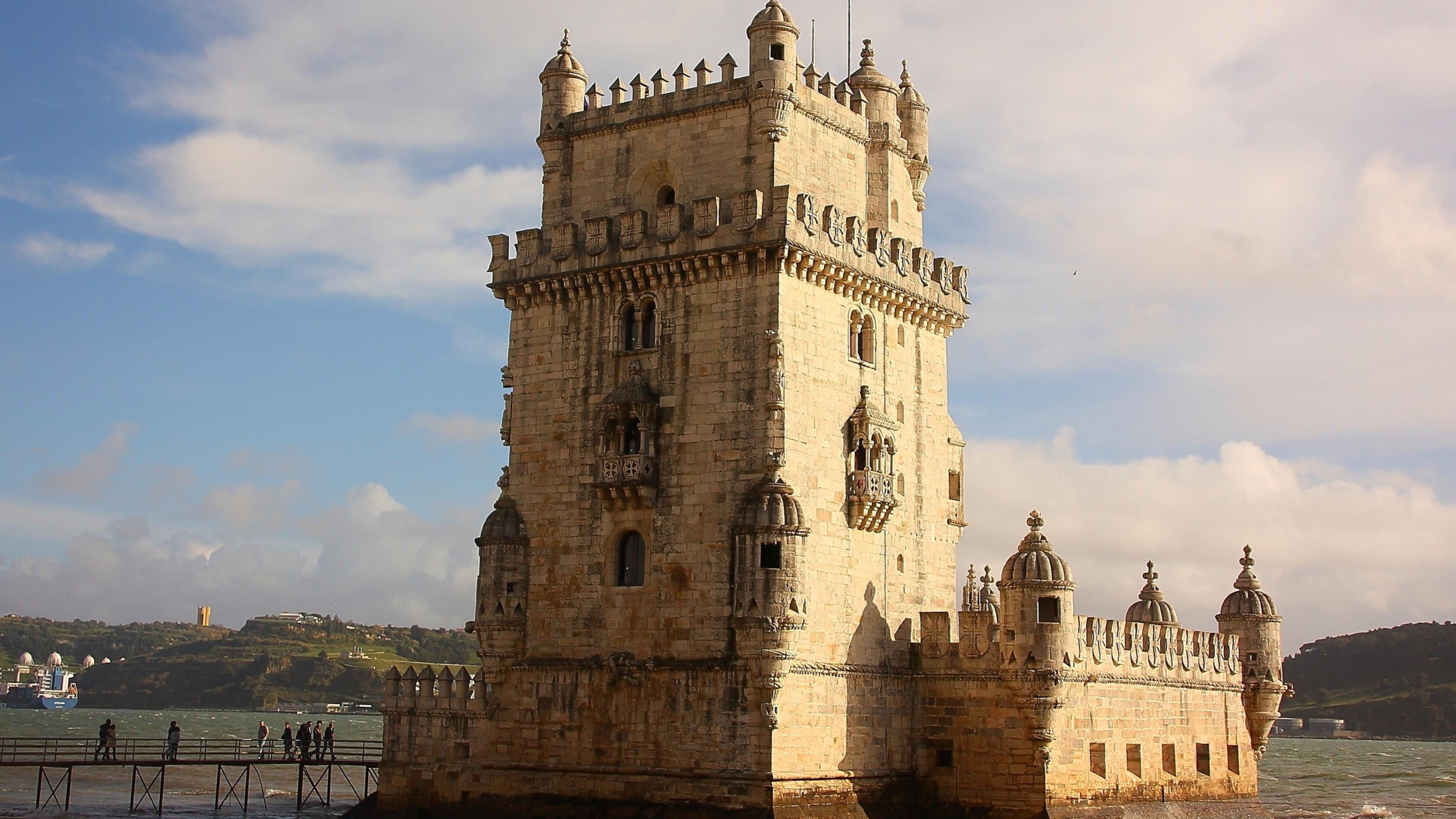 medieval architecture, historical, gothic style, portugal, river, outdoors, clock, sky, belem tower, tagus, nature, tourism, clock tower, fort, history, HD Wallpaper