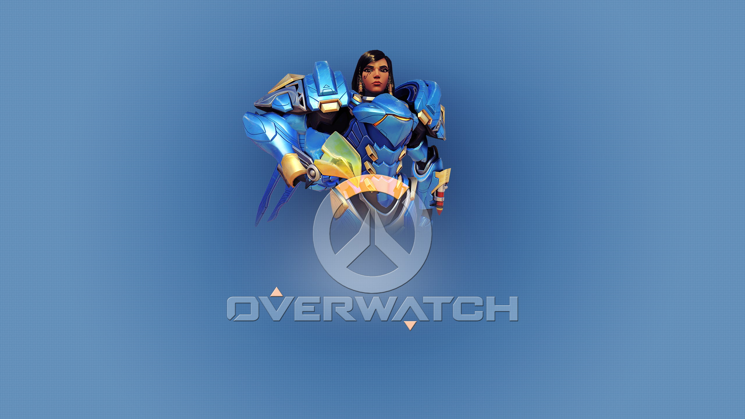 blue background, day, young adult, one person, studio shot, Pharah (Overwatch), looking at camera, mid-air, portrait, front view, full length, video games, HD Wallpaper