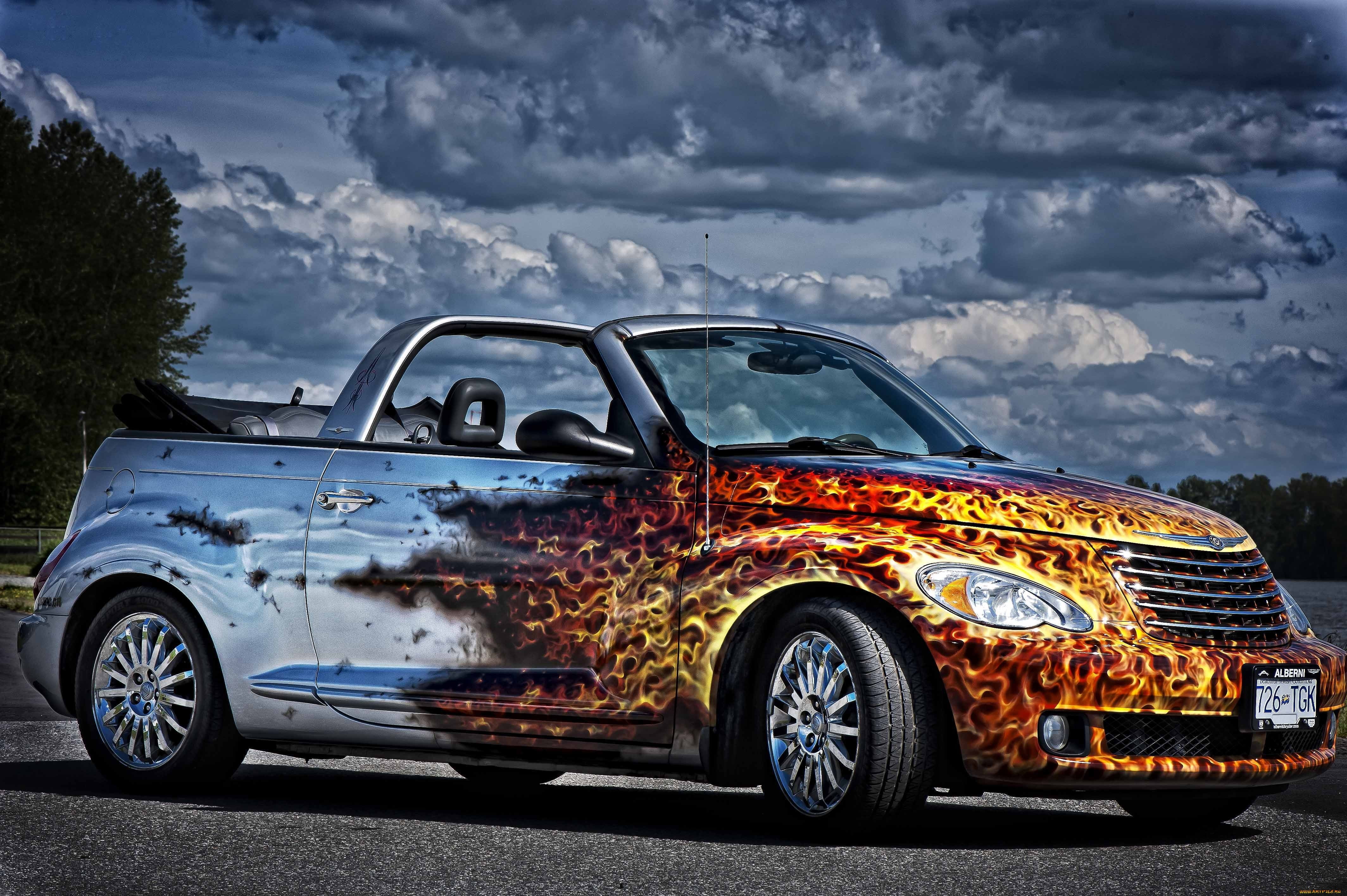 FLAME, blue, CLOUDS, The SKY, red, 4K, Chrysler PT Cruiser, CONVERTIBLE, car, FIRE, LANGUAGES, AIRBRUSHING, HD Wallpaper