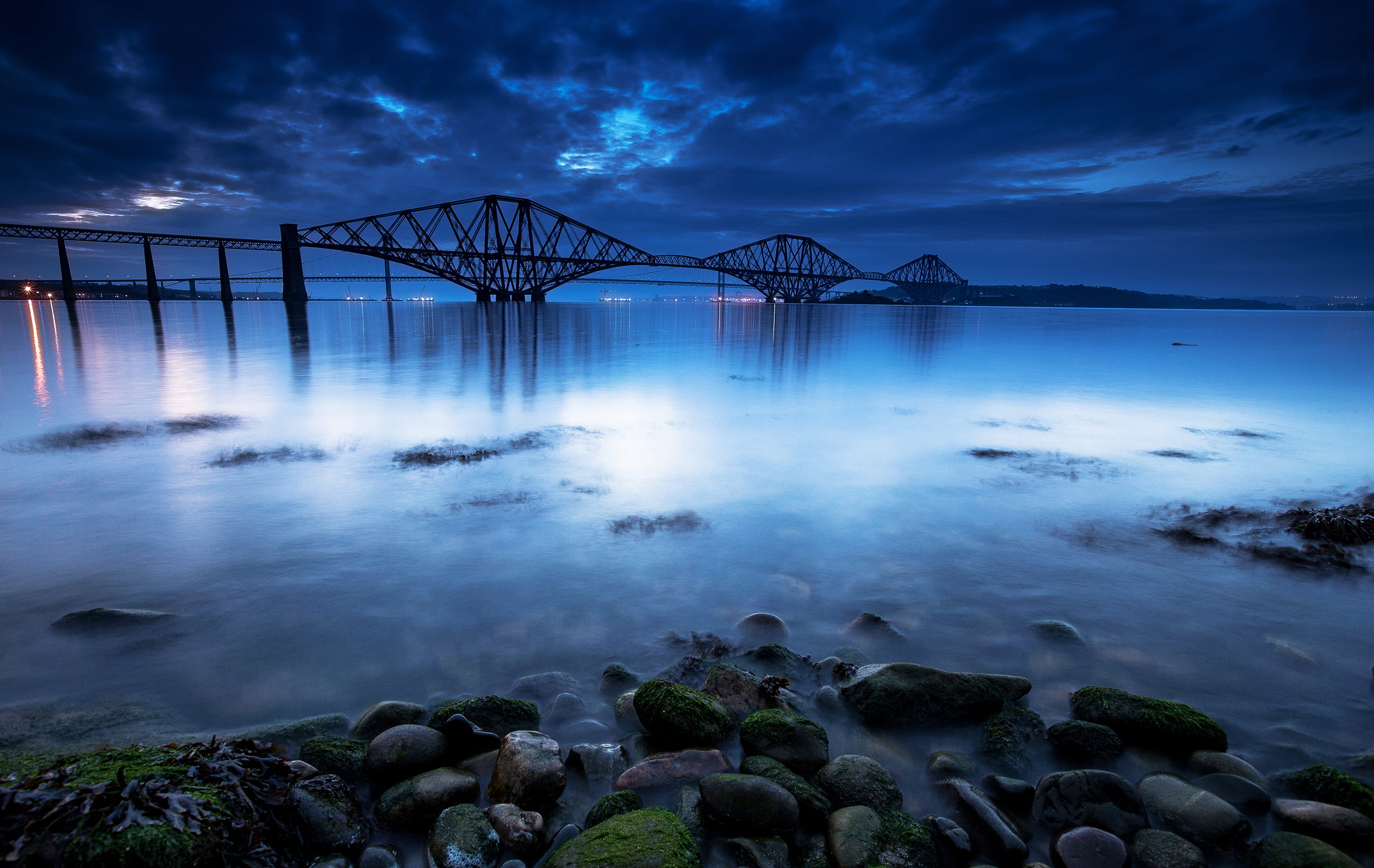 clouds, Bay, shore, stones, the sky, the evening, bridge, 2K, Scotland, Forth Bridge, UK, HD Wallpaper