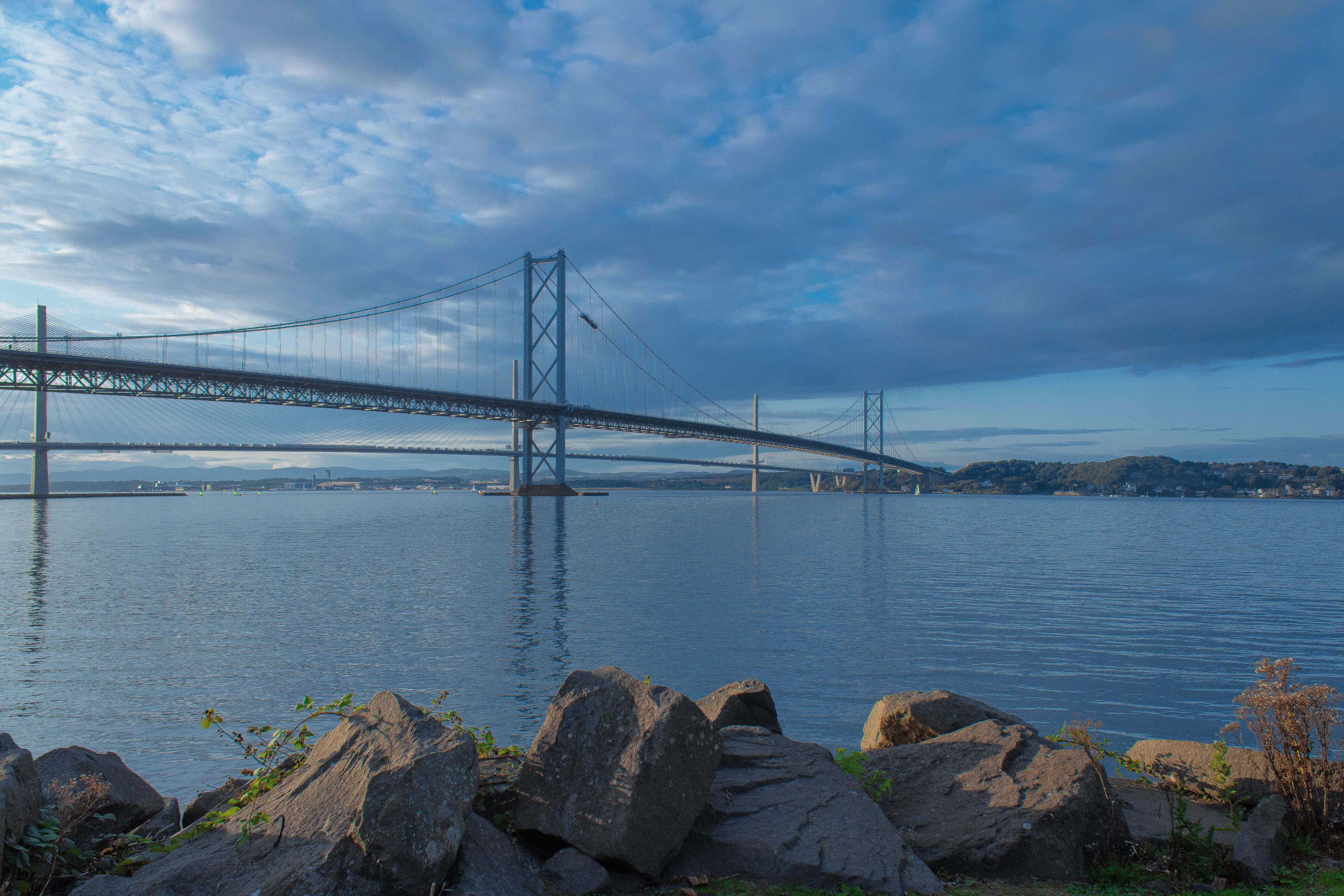 sky, outdoors, cloud - sky, cars, built structure, bridge, bay, rock - object, rock, transportation, forth road bridge, travel destinations, travel, bridge - man made structure, HD Wallpaper