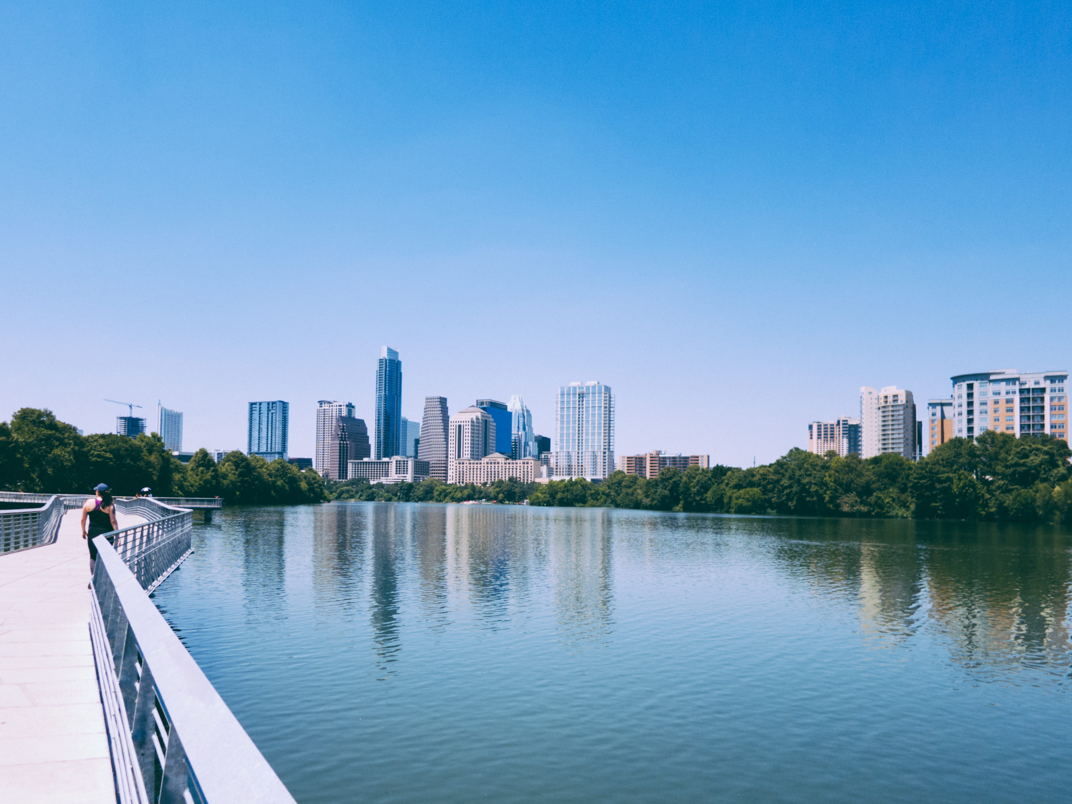 city, built structure, waterfront, water, sky, urban skyline, landscape, tall - high, nature, downtown, ladybird lake and bike trail, united states, no people, HD Wallpaper