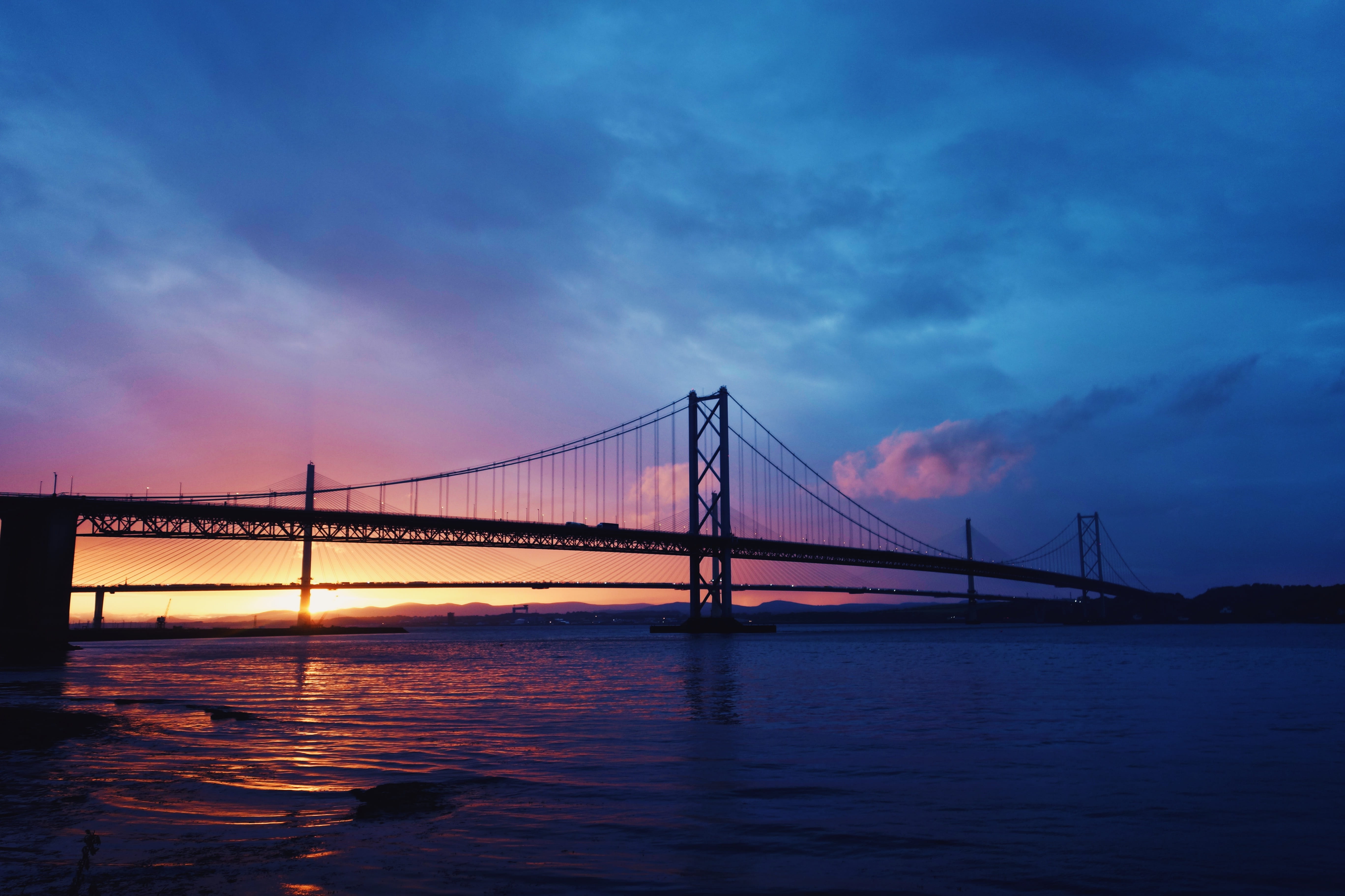 bridge - man made structure, nature, connection, waterfront, tourism, cloud - sky, evening, bay, sunset, bridge, travel destinations, forth bridge, water, HD Wallpaper