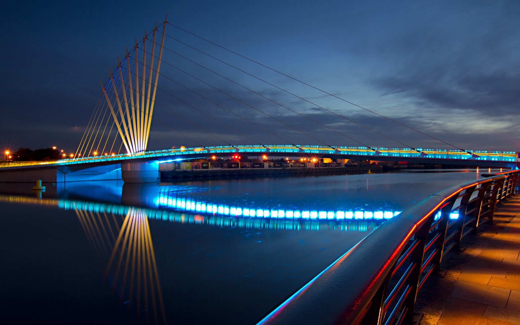 evening, reflection, water, 720P, cityscape, sunset, fence, long exposure, clouds, river, architecture, lights, sky, night, bridge, HD Wallpaper