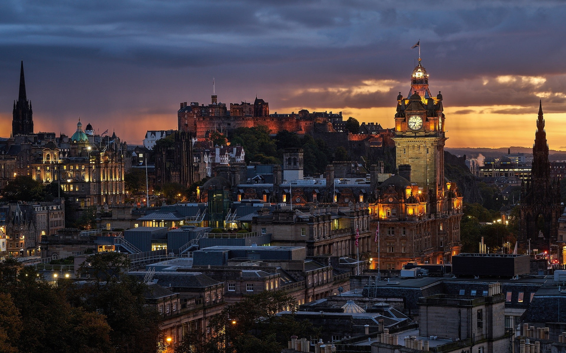 architecture, UK, 1080P, sunset, castle, city, Scotland, clock tower, Edinburgh, Gothic architecture, tower, cityscape, HD Wallpaper