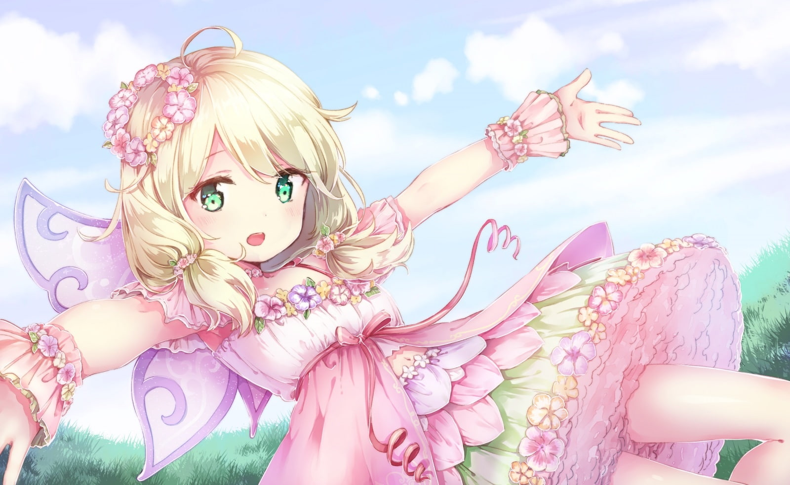 cinderella, ribbons, green, short, 242043, loli, todo-akira, girls, kozue, dress, hair, wings, konachan, sky, yusa, eyes, idolmaster, 720P, twintails, HD Wallpaper