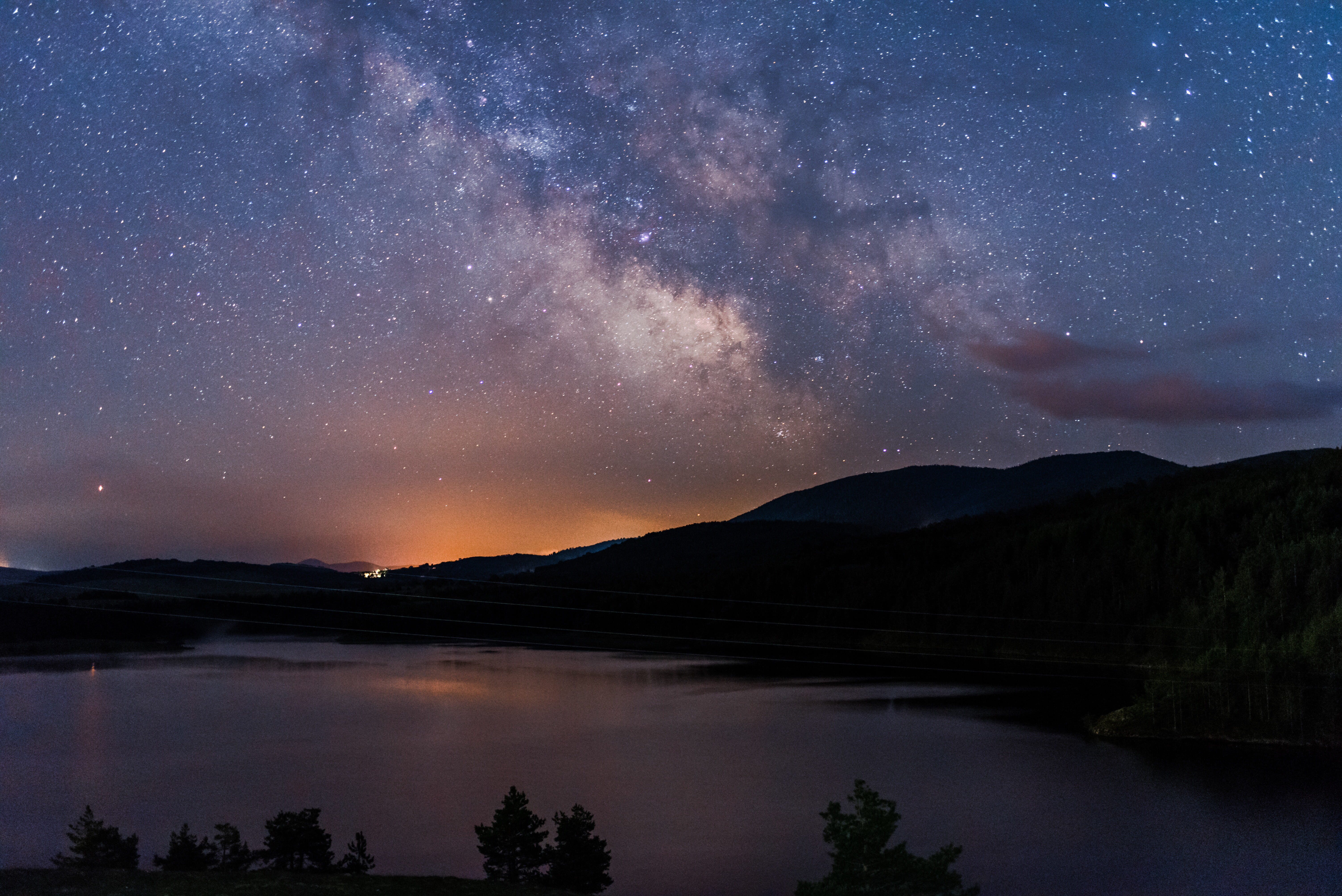 tranquility, night, cloud, surround, astronomy, star, mountains, space, tree, lake, reflection, sunrise, sky, outdoors, star field, body, planet, star - space, HD Wallpaper