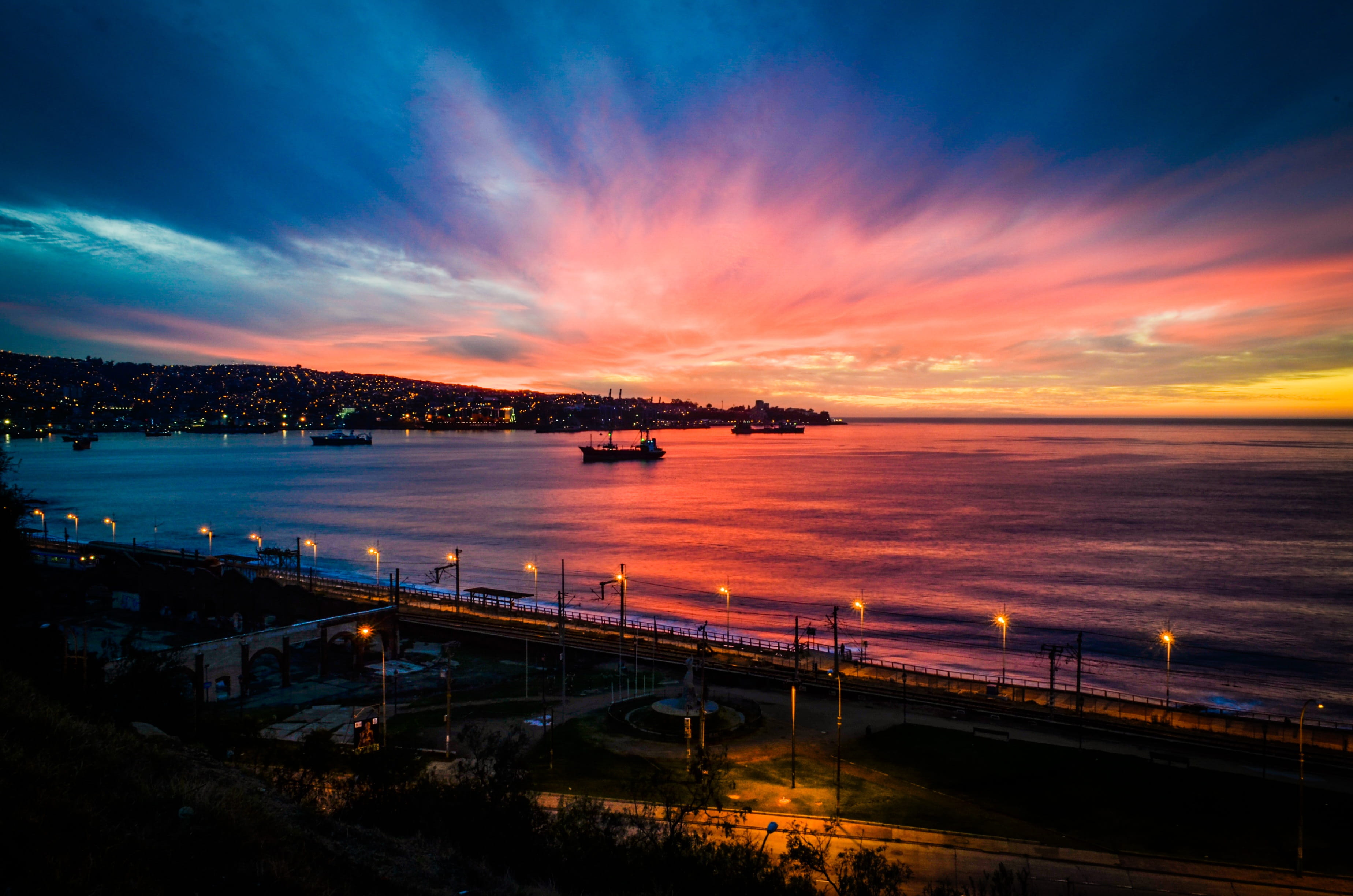 colorful, reflection, aerial, beach, long Exposure, built structure, sunset, night, city, background, coastline, 2K, calm clouds, cityscape, harbor, holiday, HD Wallpaper