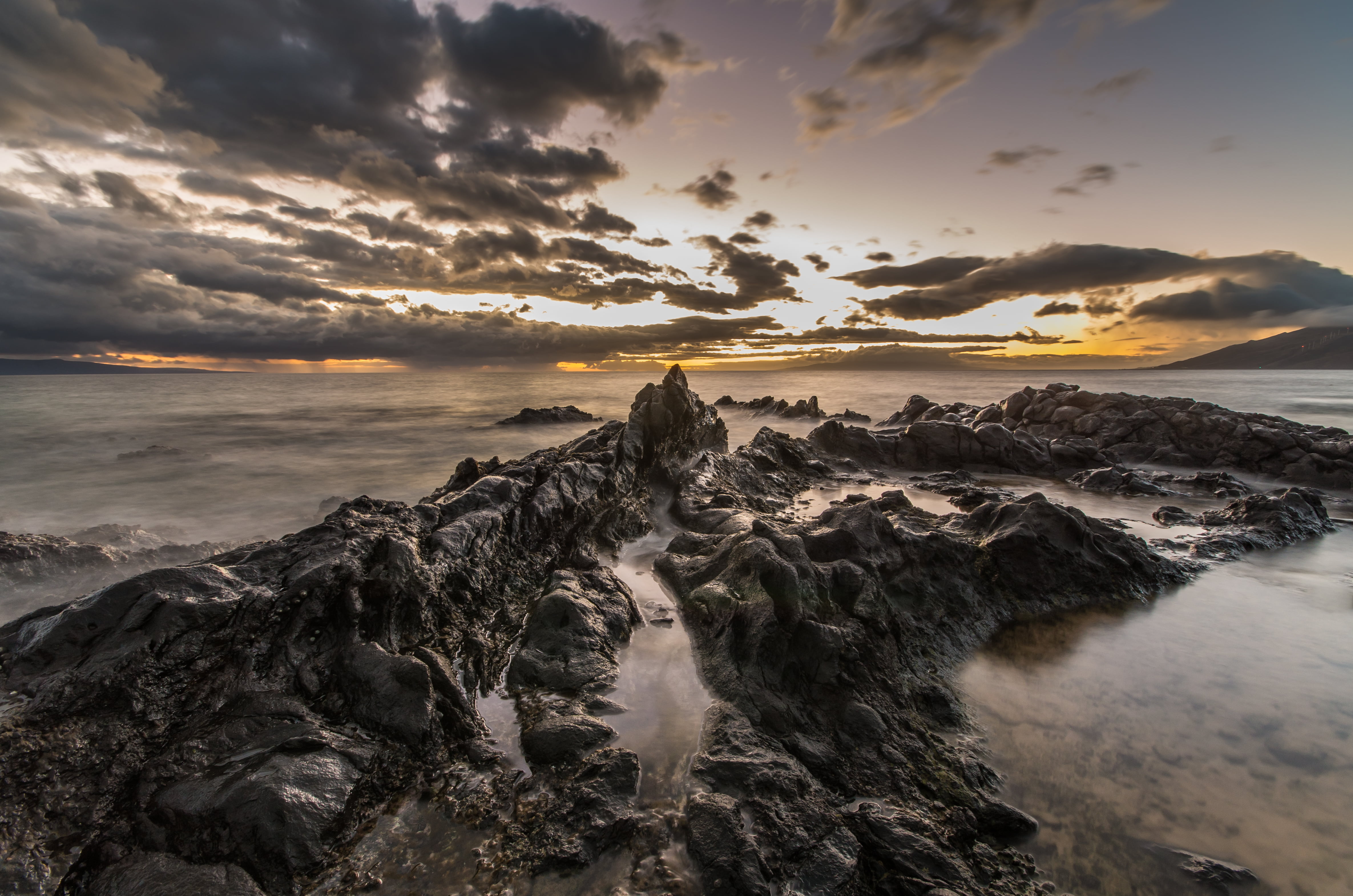 panoramic view, Blau, Meer, sky, Charley Young, view, dusk, sea water, rock - Object, sunset, mountain, LongExposure, 4K, beauty In Nature, panoramic, HD Wallpaper