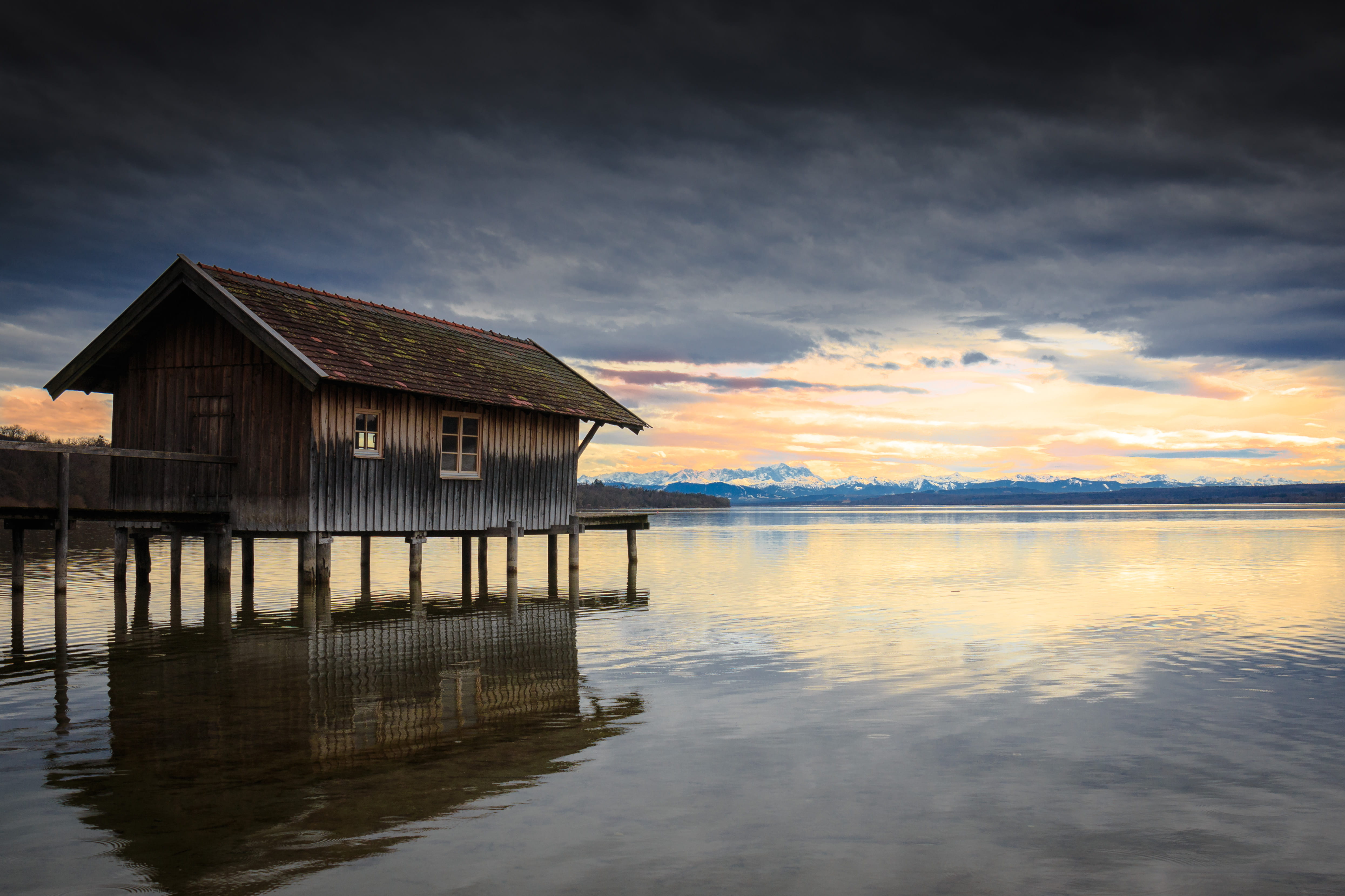 alp, cloud - sky, brown, beauty in nature, 4K, no people, sky, body, tranquil scene, house, sunset, tranquility, wooden, wooden post, architecture, residential district, HD Wallpaper