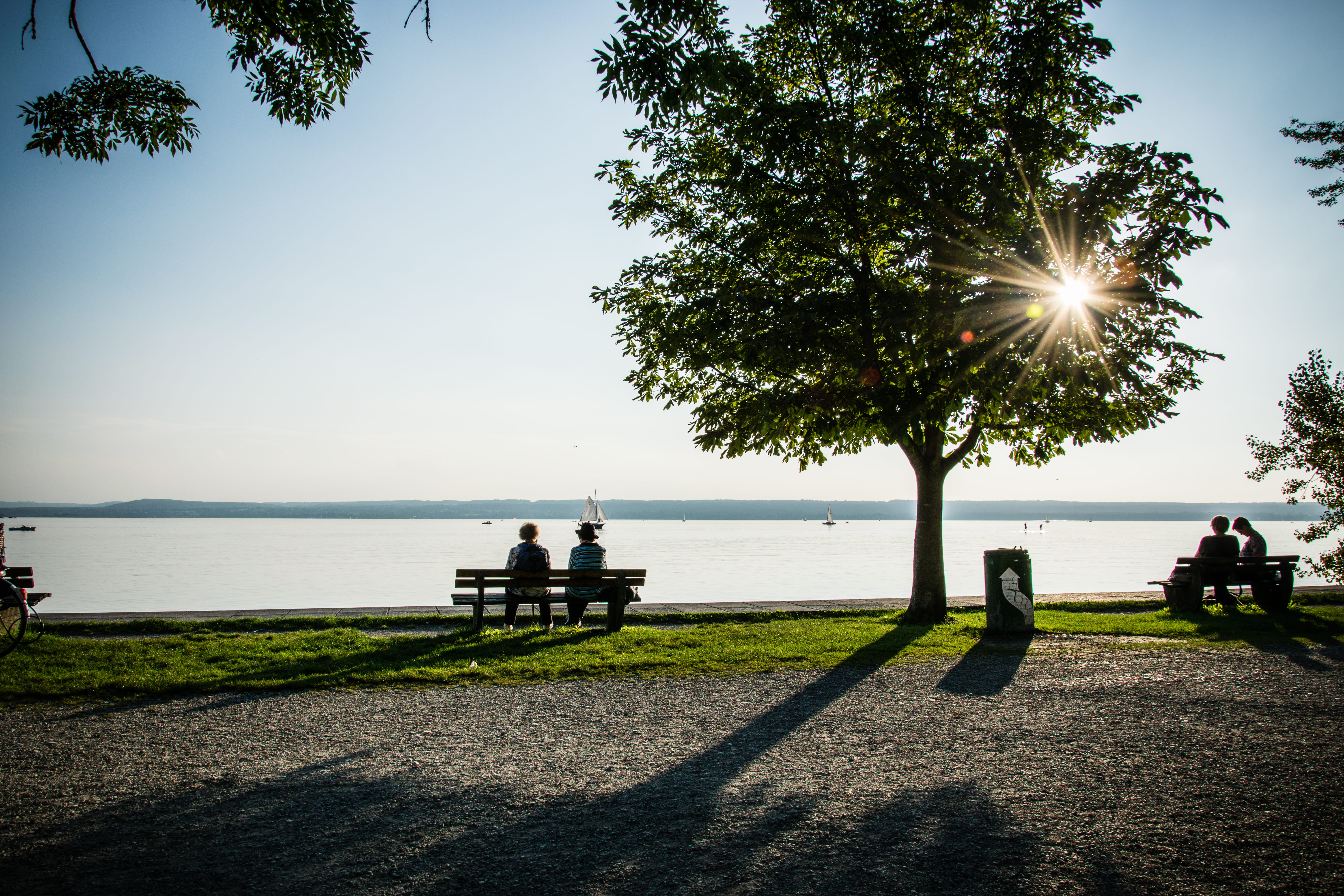 park, lake, bench, 5K, sitting, real people, day, sunny, boats, sunlight, grass, water, outdoors, transportation, two people, plant, adult, promenade, HD Wallpaper