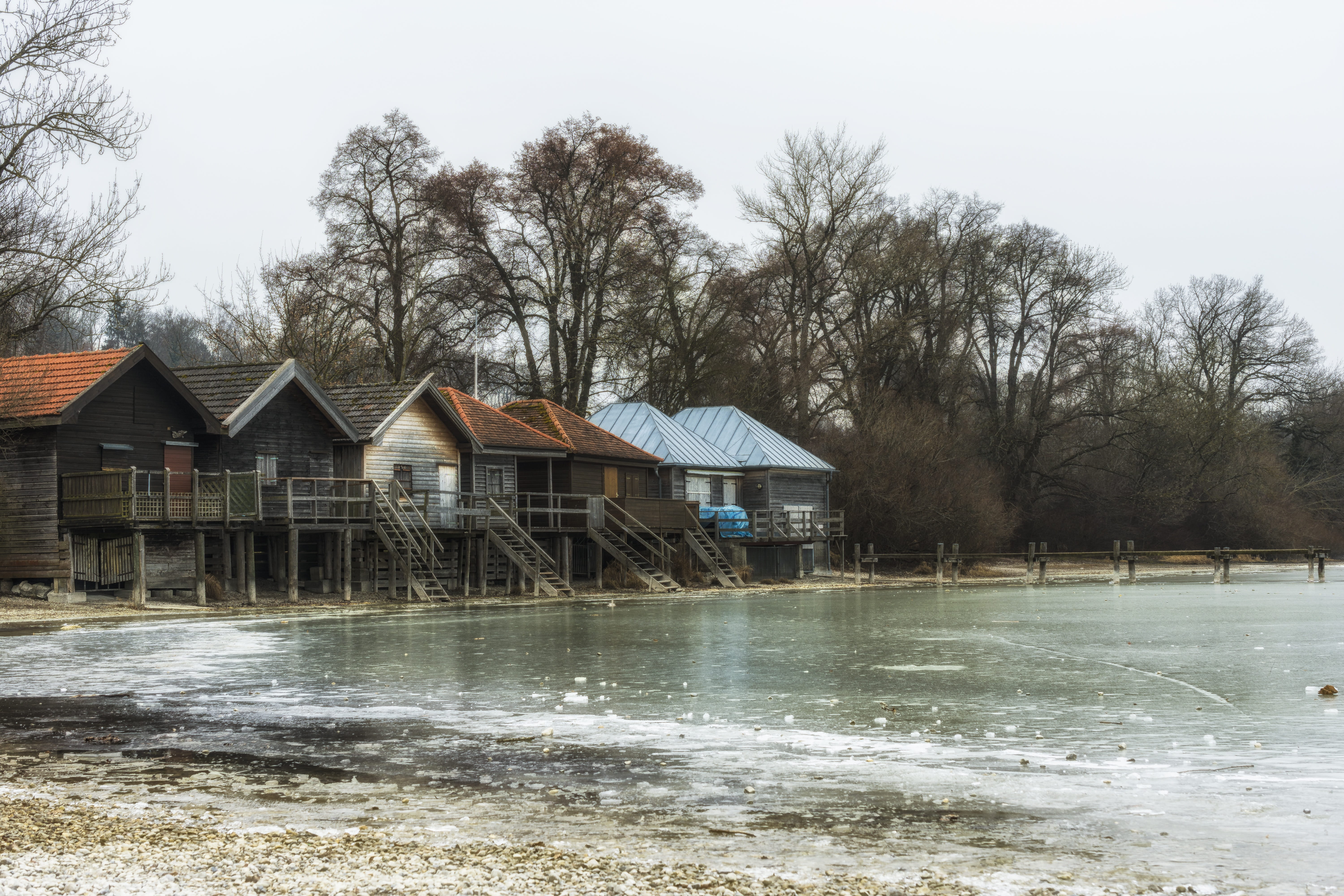 building, log cabin, winter, house, residential district, frozen, bare tree, built structure, home, bavaria, vacation, tree, architecture, waters, lake, HD Wallpaper