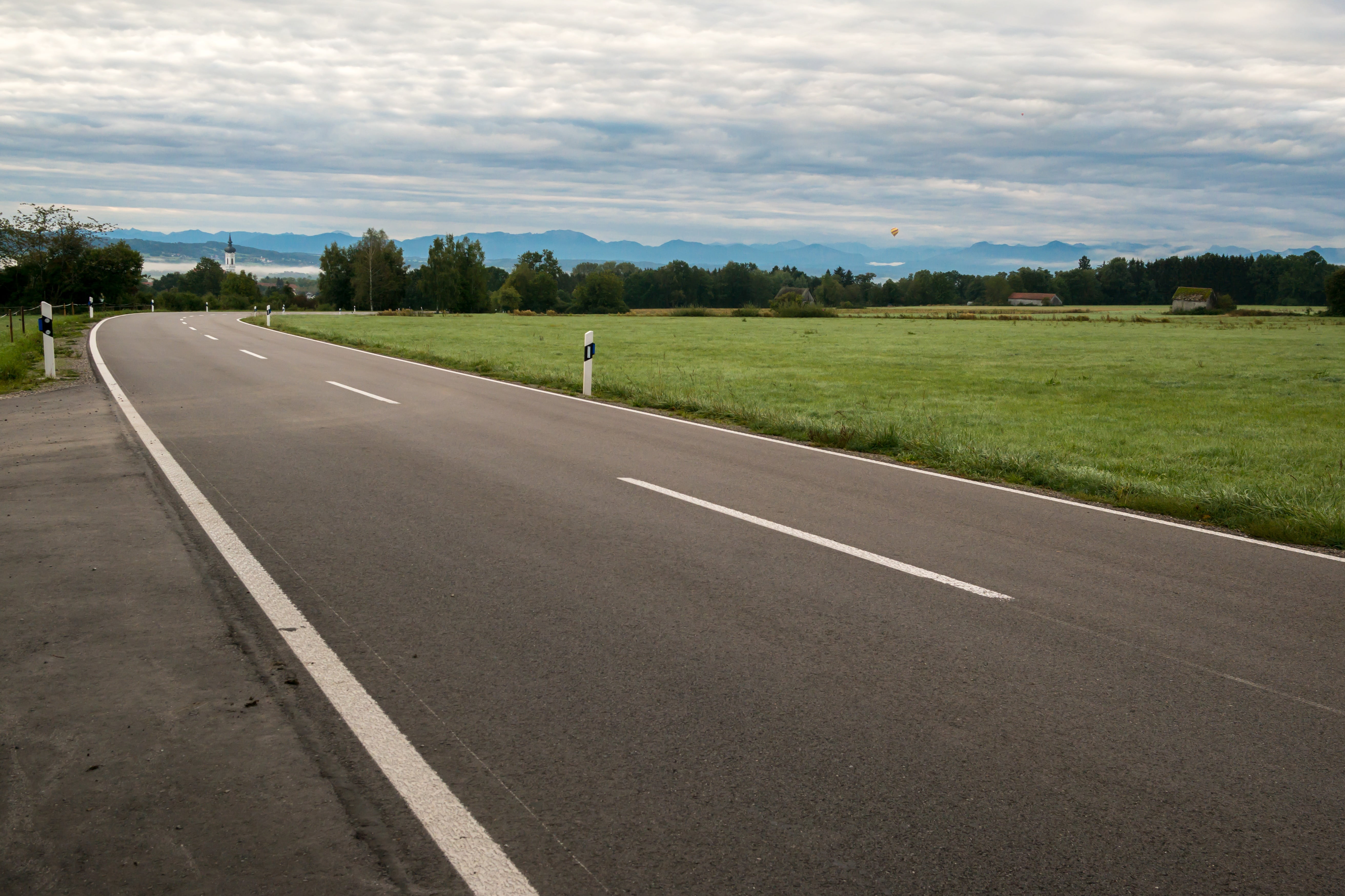 cloudy, daytime, fog bank, outdoors, transportation, bavaria, direction, asphalt, dießen, nature, tree, road marking, dividing line, church, curve, diminishing perspective, HD Wallpaper