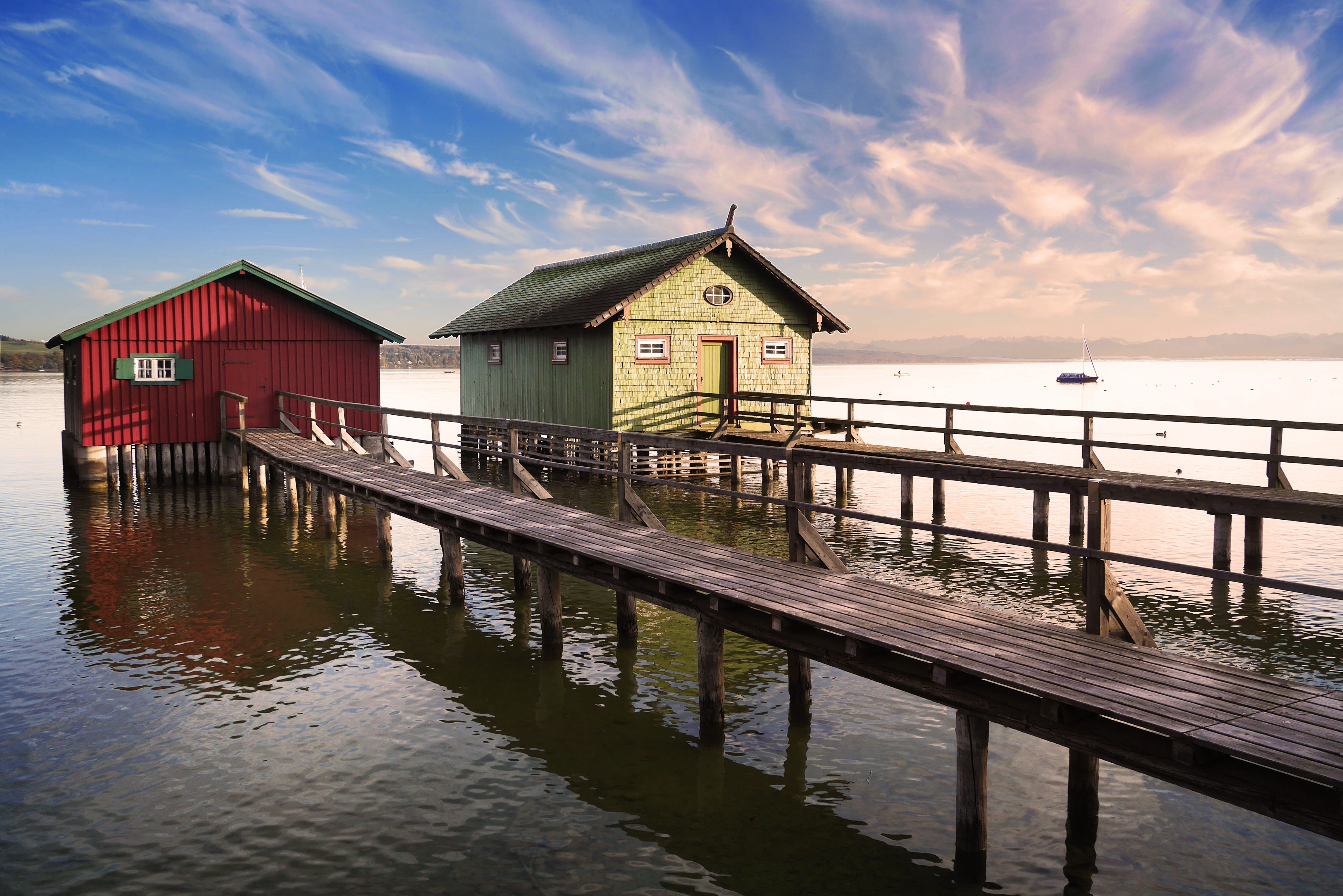 boat house, water, house, romantic, daytime, ammersee, landscape, bay, cloud - sky, building exterior, jetty, morning light, day, two, architecture, wooden, HD Wallpaper