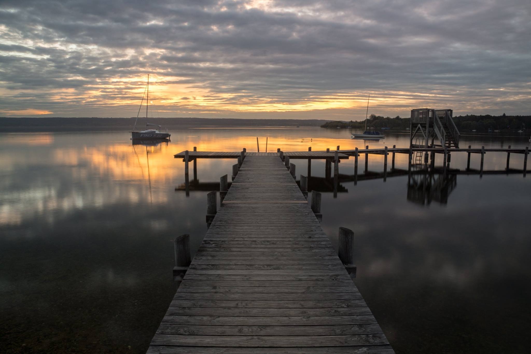 the way forward, tranquil scene, idyllic, reflection, jetty, non-urban scene, sky, bavaria, nature, water, 1080P, romantic, direction, wood - material, HD Wallpaper