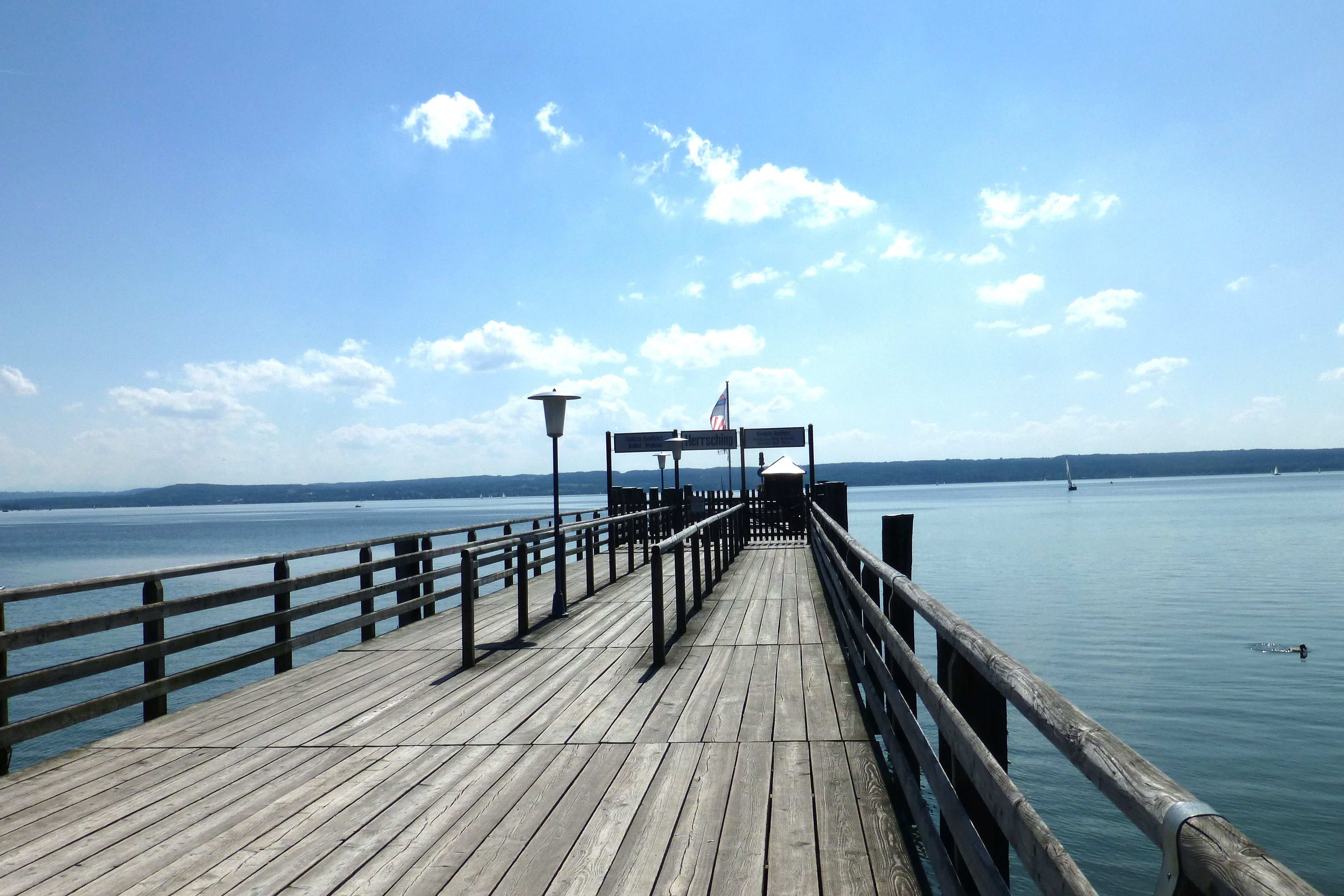 tranquility, cloud - sky, sea, paddle steamer, 4K, ship, wood paneling, wood, boat, direction, dampfersteg, no people, diminishing perspective, ammersee, HD Wallpaper