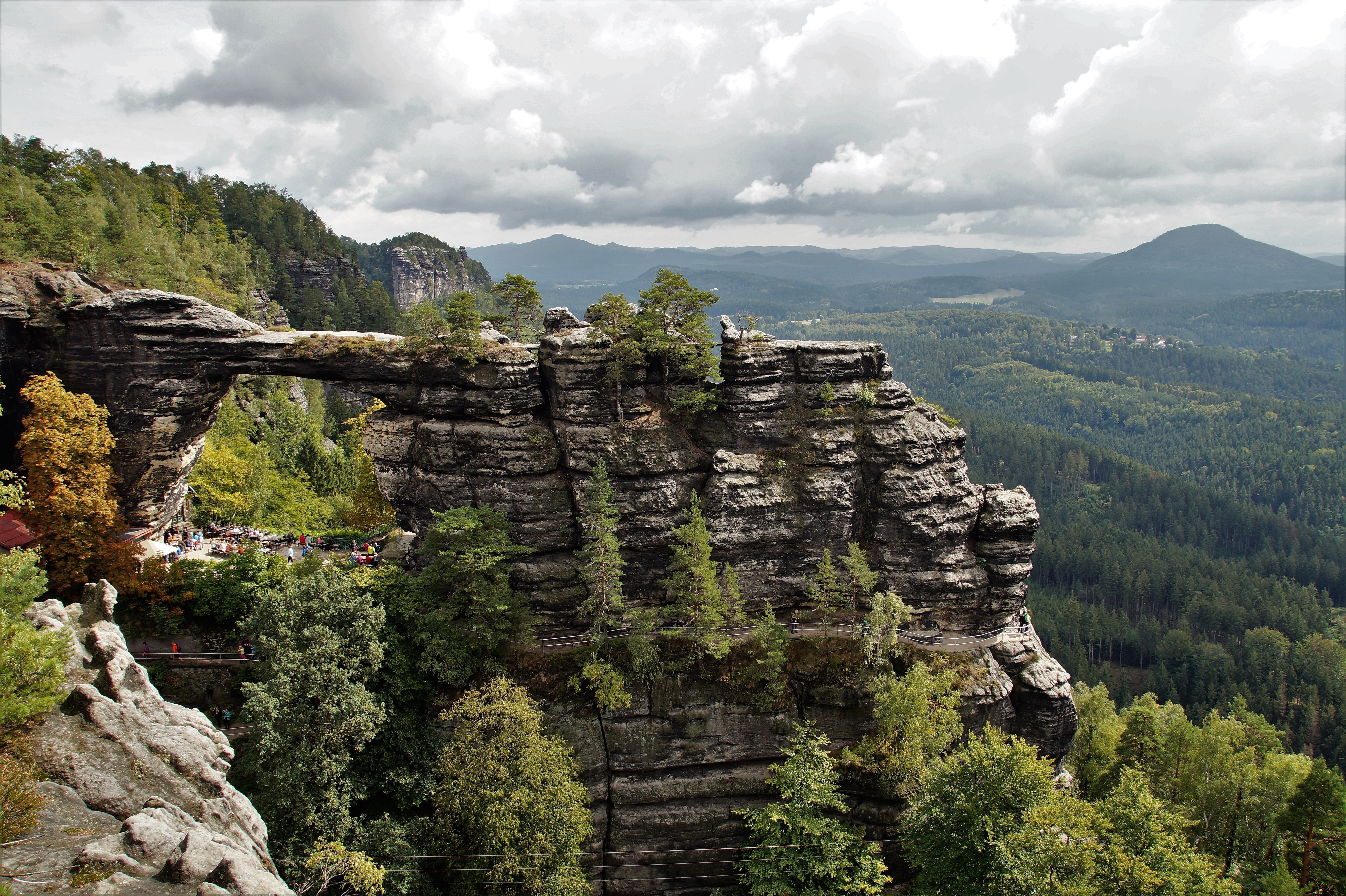 coniferous tree, landscape, rock, mountain peak, beauty in nature, pravcice gate, outdoors, mountain, formation, tranquil scene, pine woodland, tree, czech switzerland, HD Wallpaper