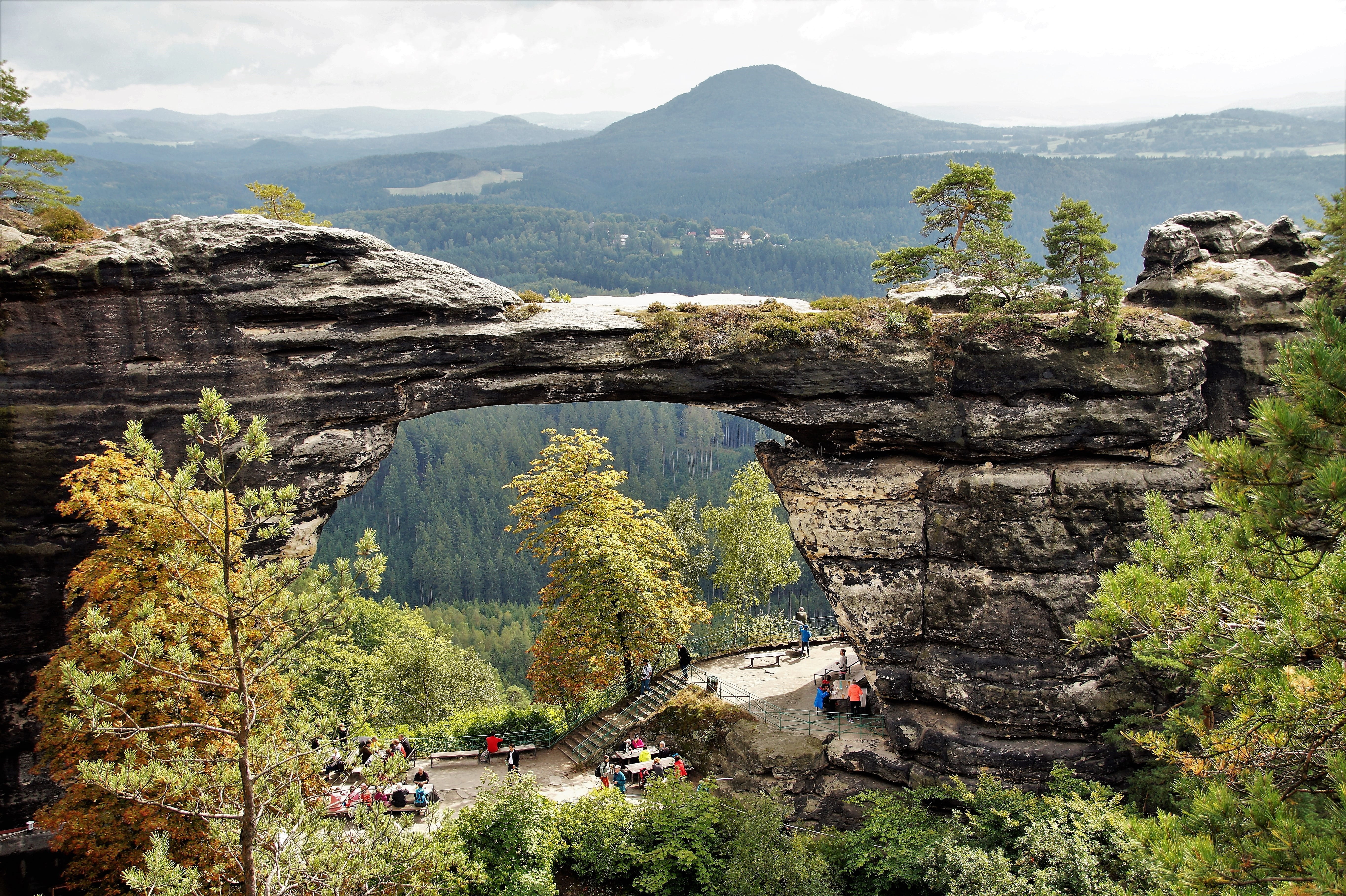 scenics - nature, architecture, wooded landscape, rock formation, beauty in nature, pravcice gate, formation, czech switzerland, tranquil scene, transportation, HD Wallpaper