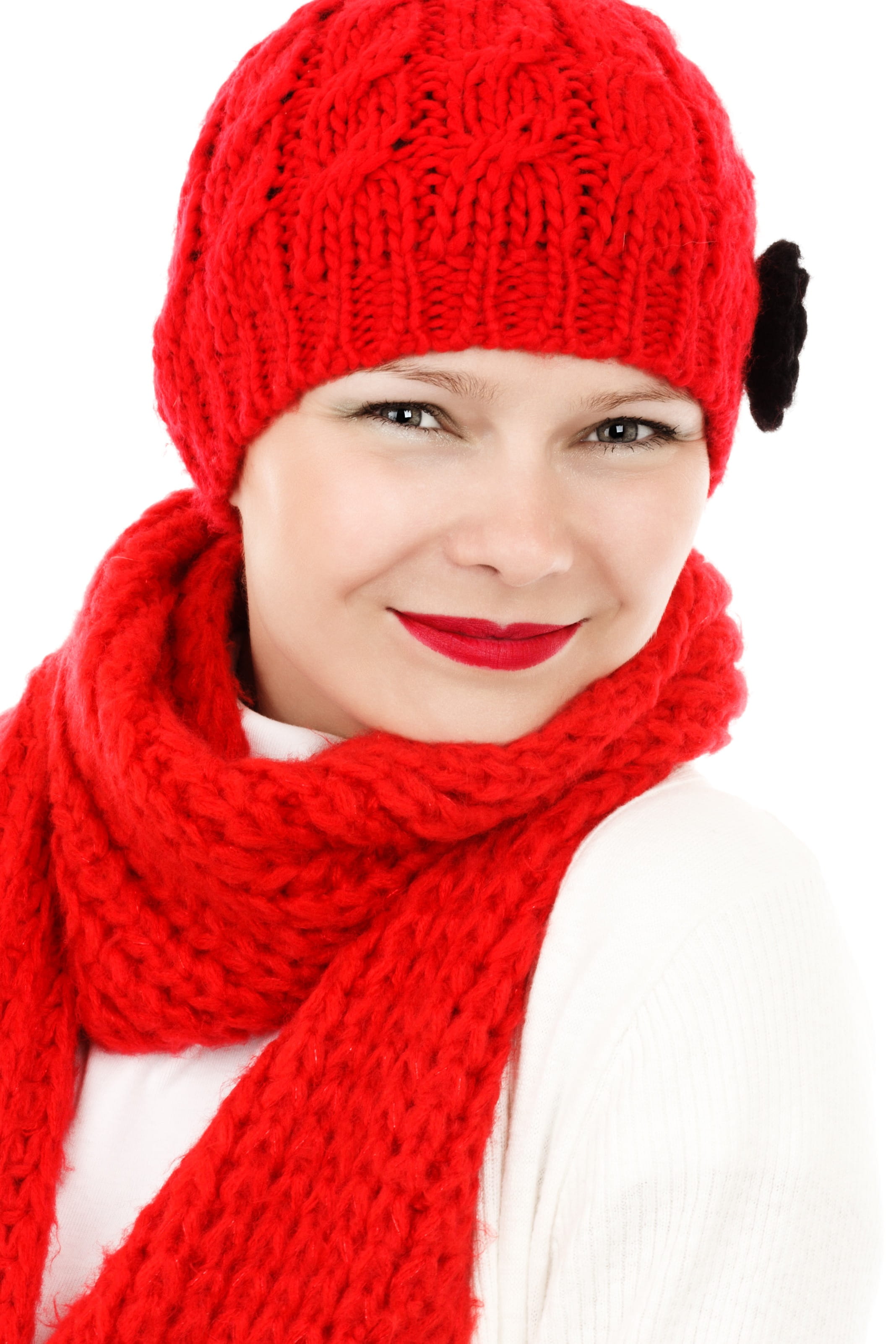 white background, wearing, adult, warm clothing, hairstyle, photo, person, smiling, lady, warm, face, red, young women, female, happiness, white, women, Phone HD Wallpaper
