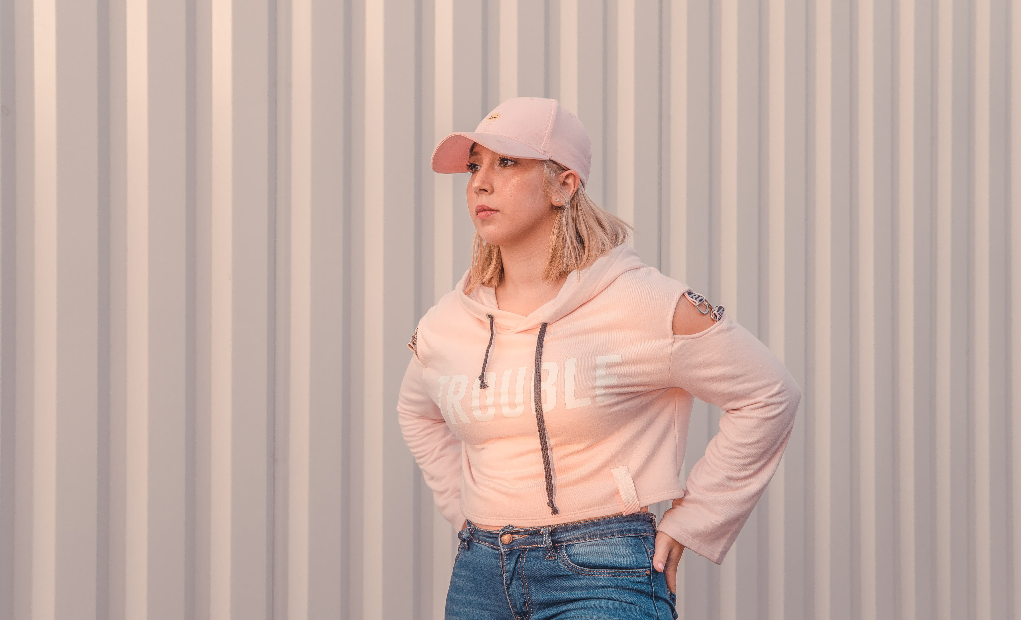 style, helmet, near, beauty, galvanized, wall, beautiful, daylight, face, pink, young women, photoshoot, attractive, casual, eyes, women, waist up, three quarter length, HD Wallpaper