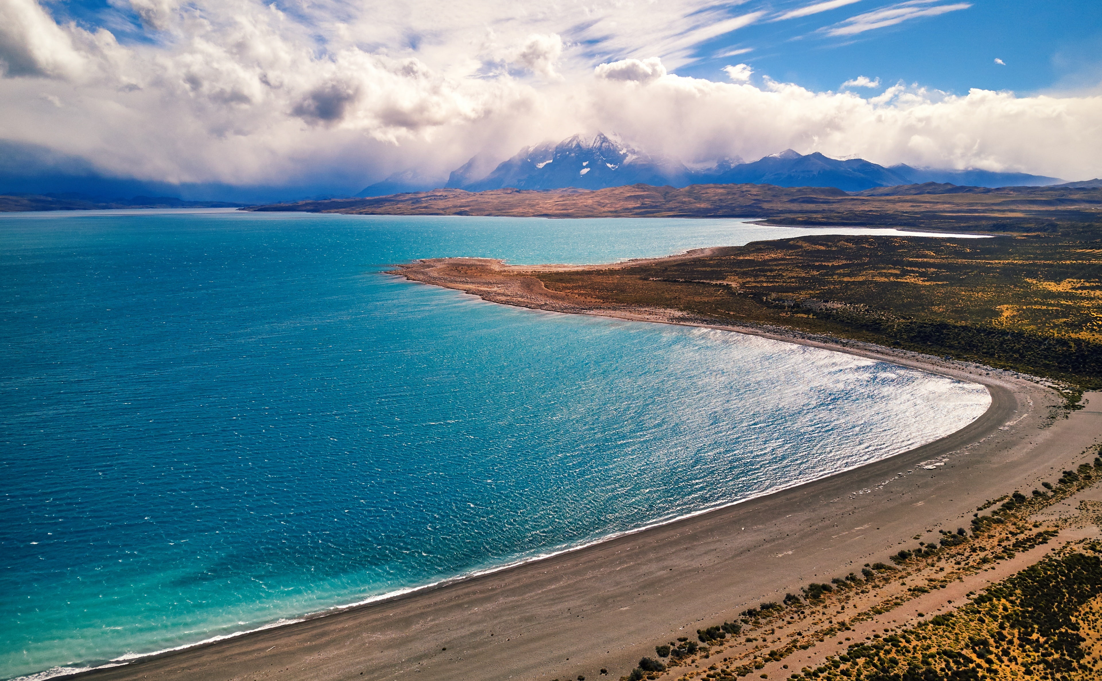 water, Shore, LagoSarmiento, non-urban scene, Patagonia, land, road, horizon over water, View, nature, 4K, blue, scenics - nature, day, tranquil scene, HD Wallpaper
