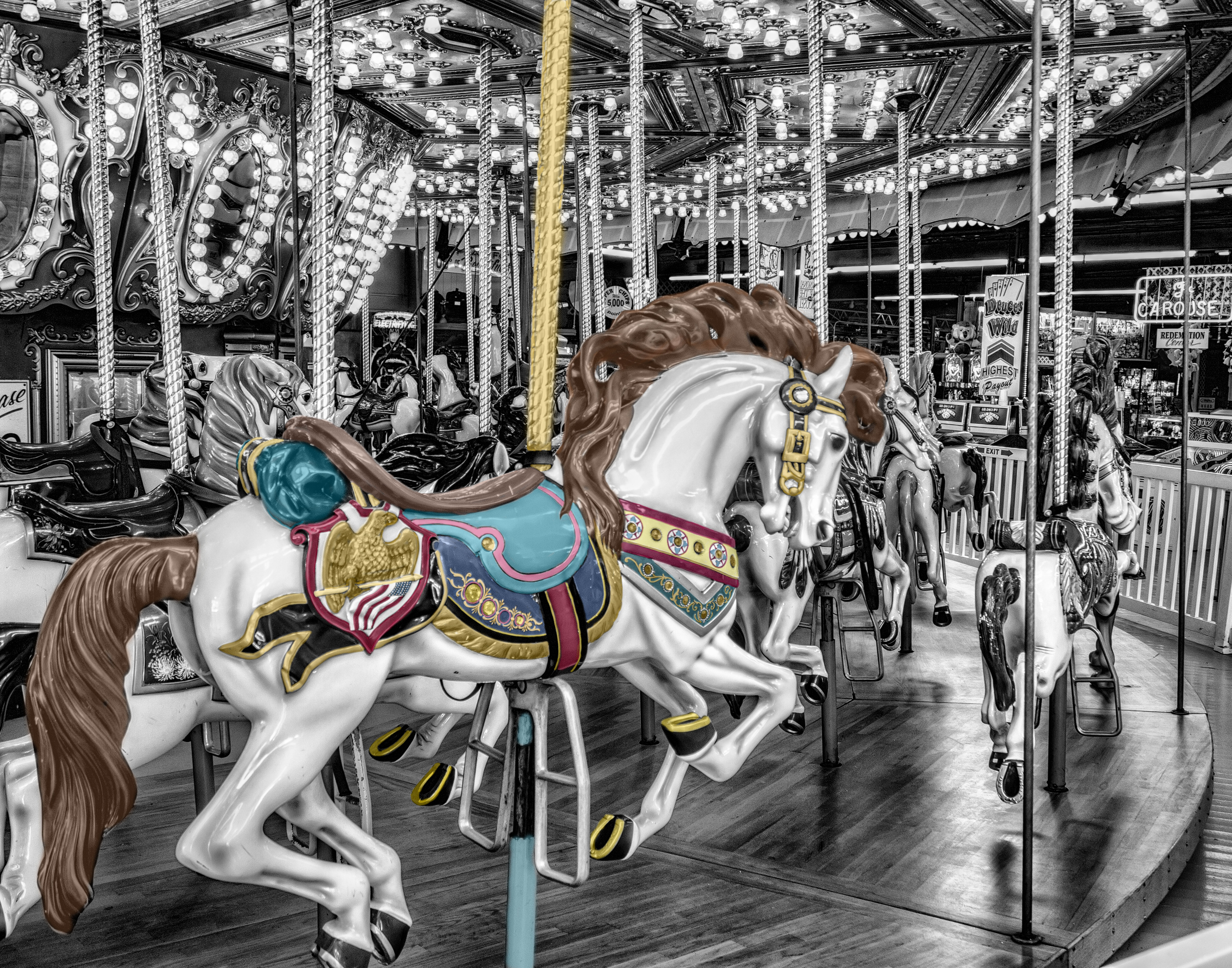 silver colored, riding, white, representation, horse, merry-go-round, yellow, blue, creativity, animal, no people, arts culture and entertainment, outdoors, HD Wallpaper