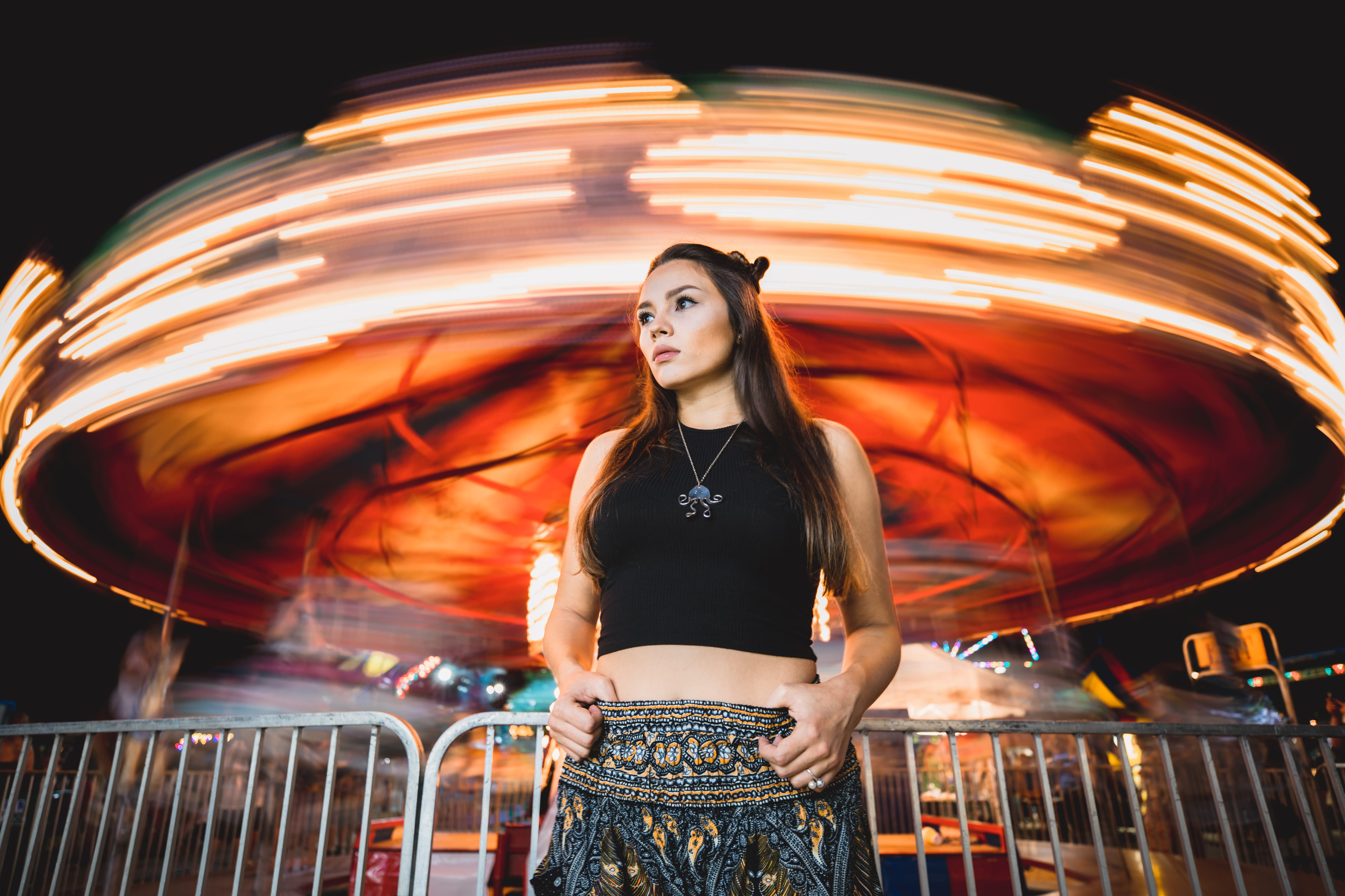 amusement park, funfair, clothing, hair, caucasian, front, adult, hairstyle, light, bohemian, fence, amusement park ride, festival, women, carousel, beautiful woman, HD Wallpaper