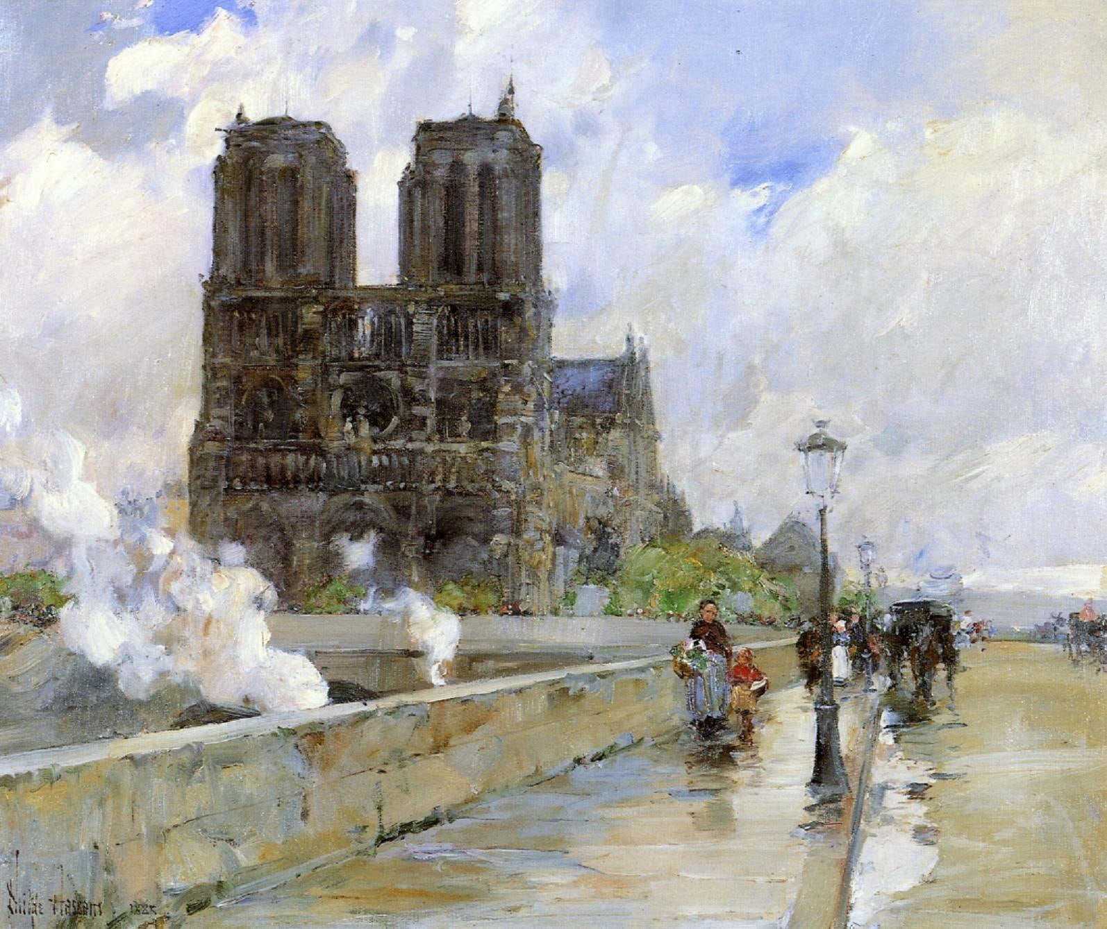 bridge, beside, standing, temple, Frederick Childe Hassam, street, picture, 720P, painting, people, gray, HD Wallpaper