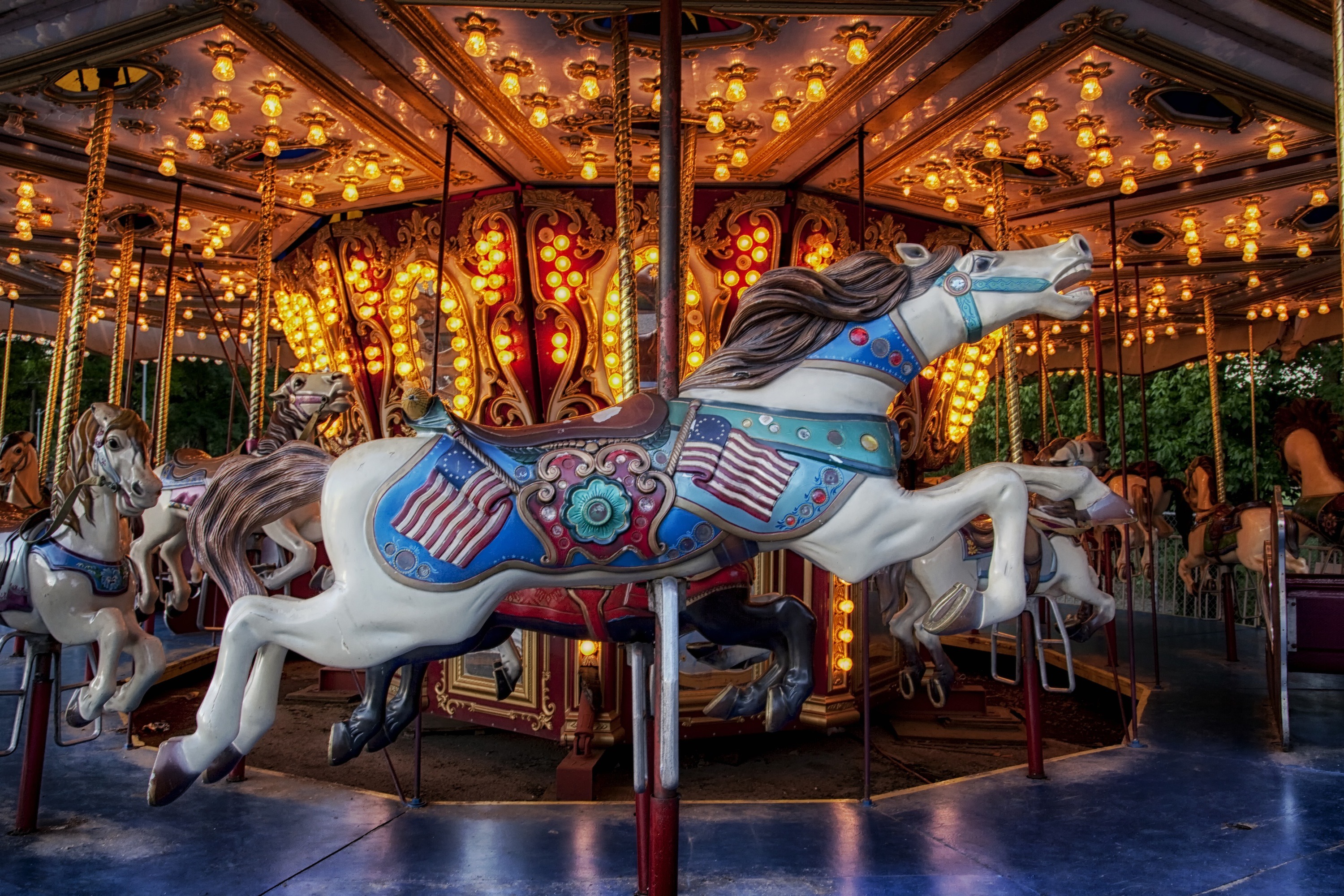 domestic, daytime, animal representation, fun, white, horse, ride, livestock, hdr, amusement Park, illuminated, ornate, gray, animal, enjoyment, merry-Go-Round, HD Wallpaper