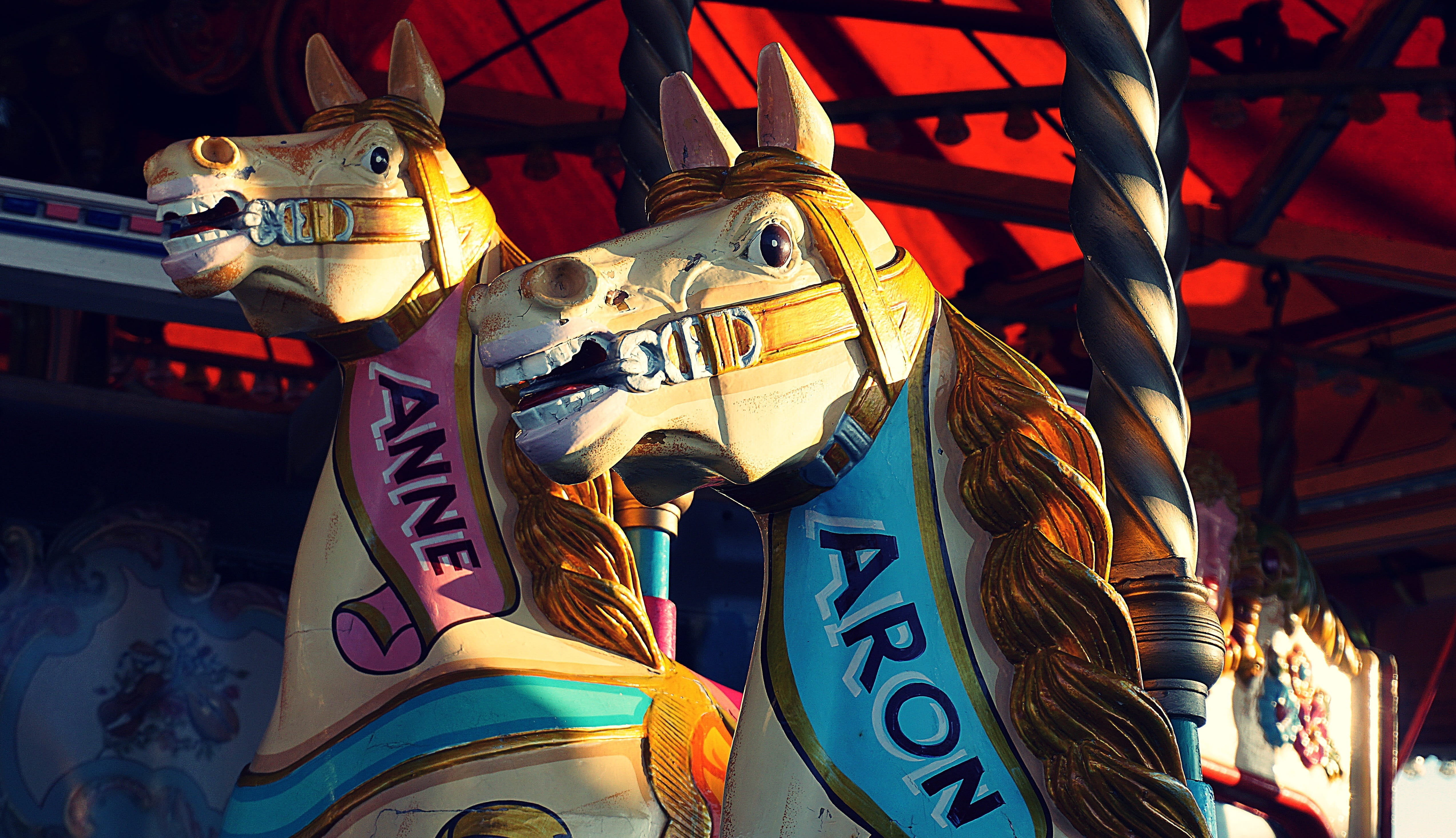arts culture and entertainment, animal, representation, fairground ride, horses, 4K, art and craft, vintage, mammal, architecture, animal representation, HD Wallpaper