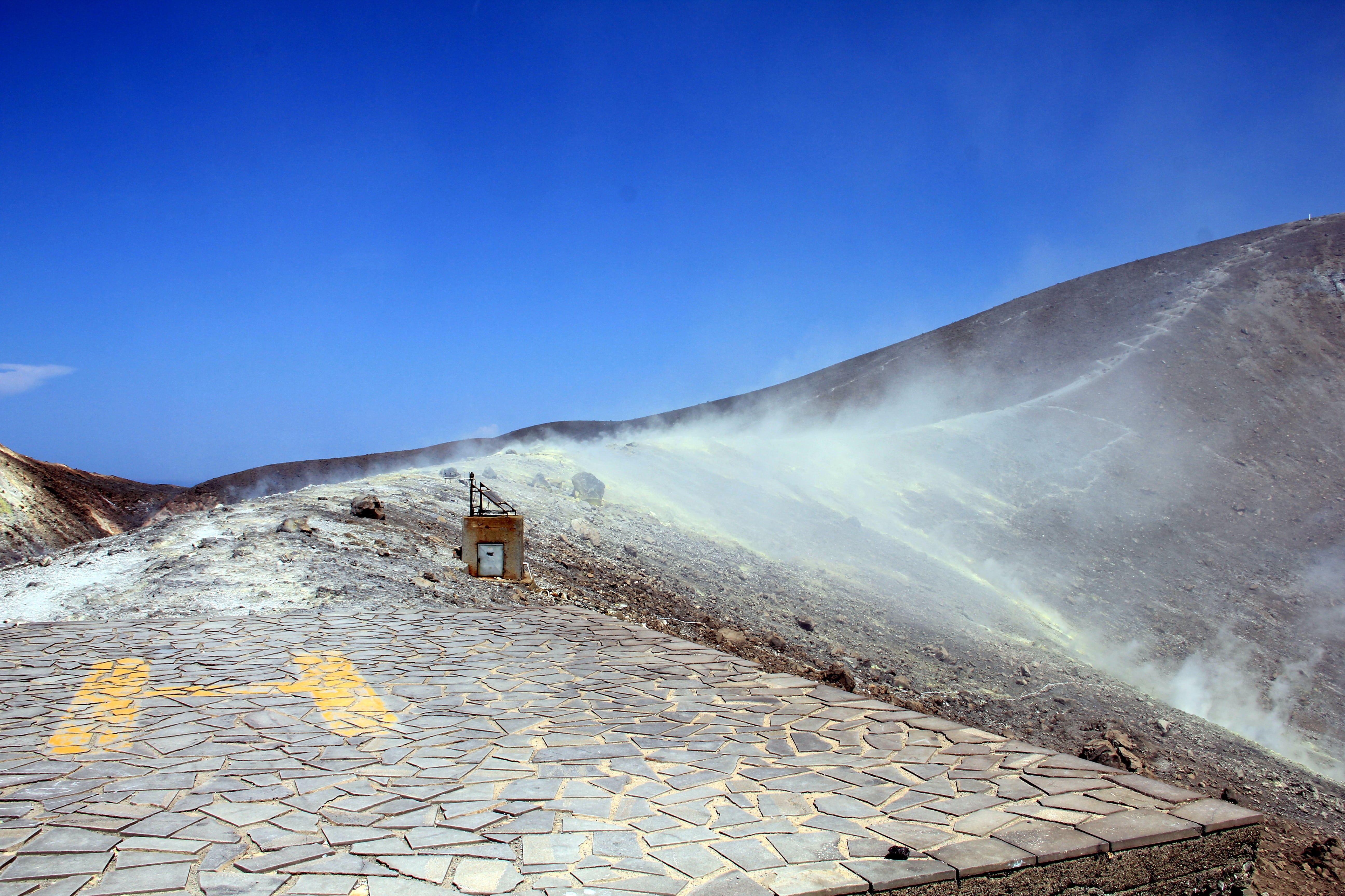 no people, crater rim, travel, architecture, beauty in nature, blue, smoke - physical structure, aeolian islands, physical geography, non-urban scene, 5K, HD Wallpaper