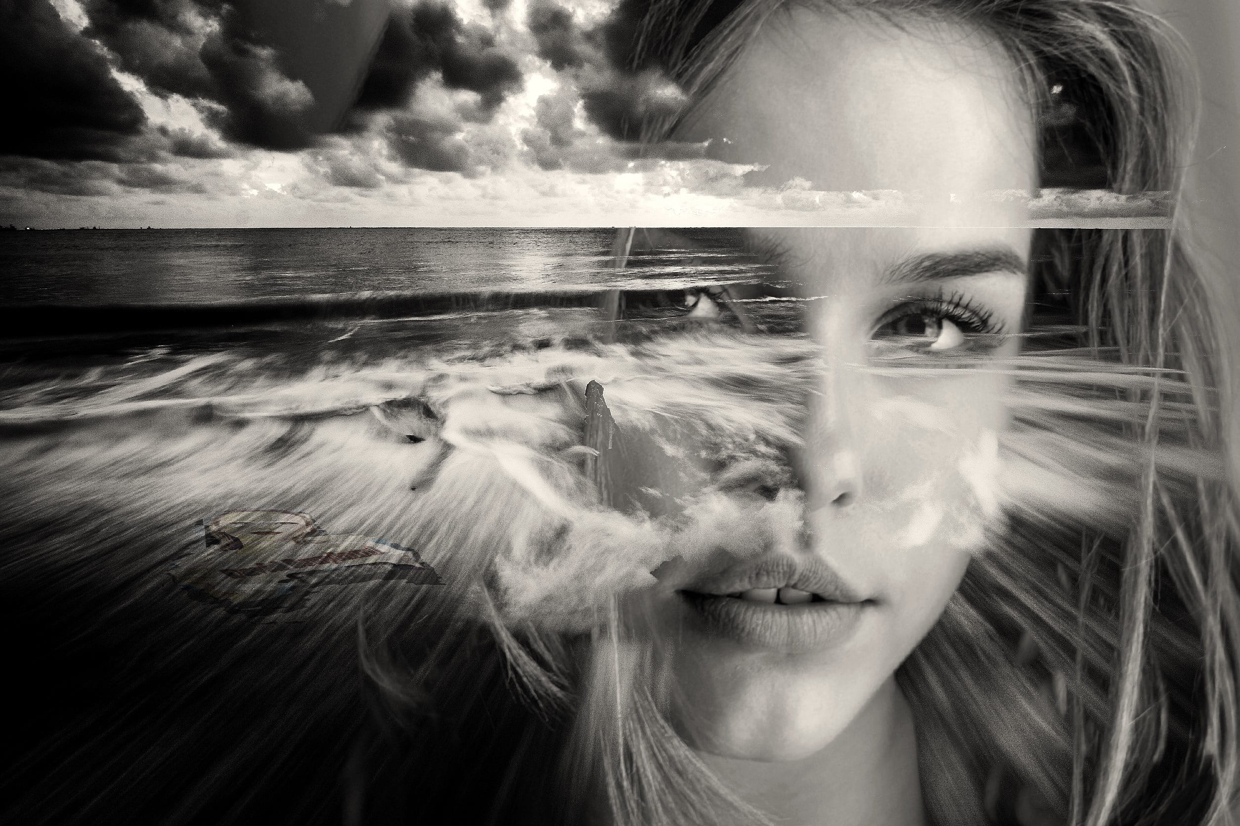adult, black and white, hair, black background, one person, contemplation, sky, sunrise, girl, edit, motion, women, sea, outdoors, human face, HD Wallpaper
