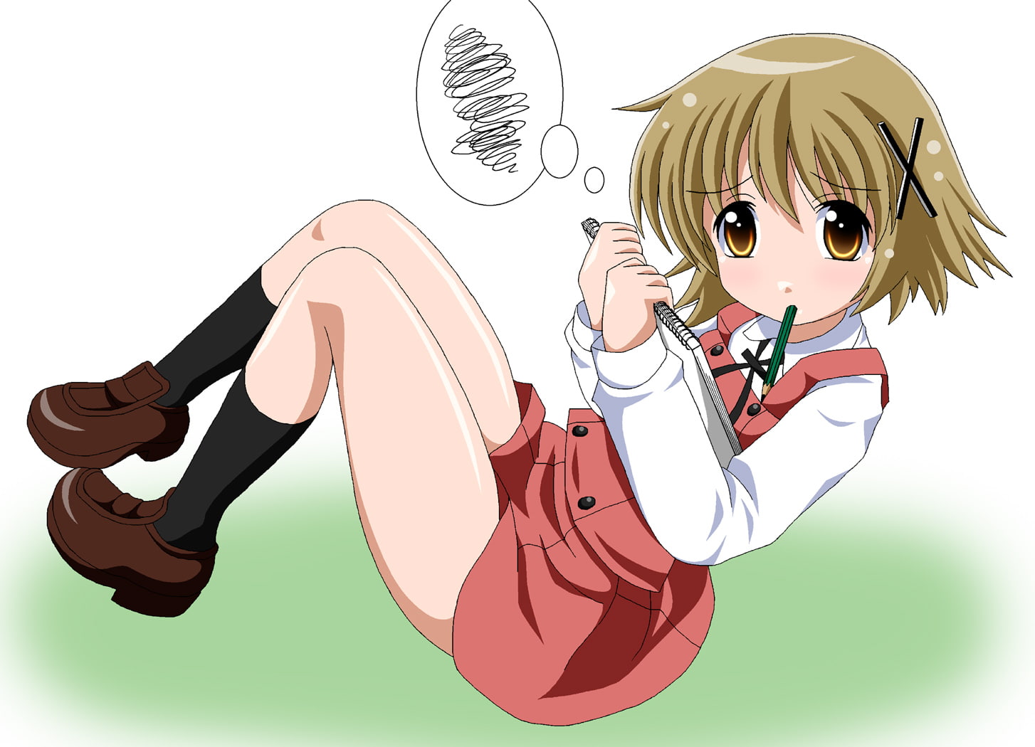 yuno, eyes, sketch, brown, kneehighs, hair, short, paper, seifuku, hidamari, fai, 720P, HD Wallpaper